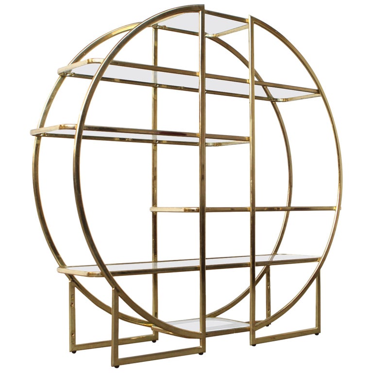 Large Circular Brass Gold Room Divider Étagère with Glass Display