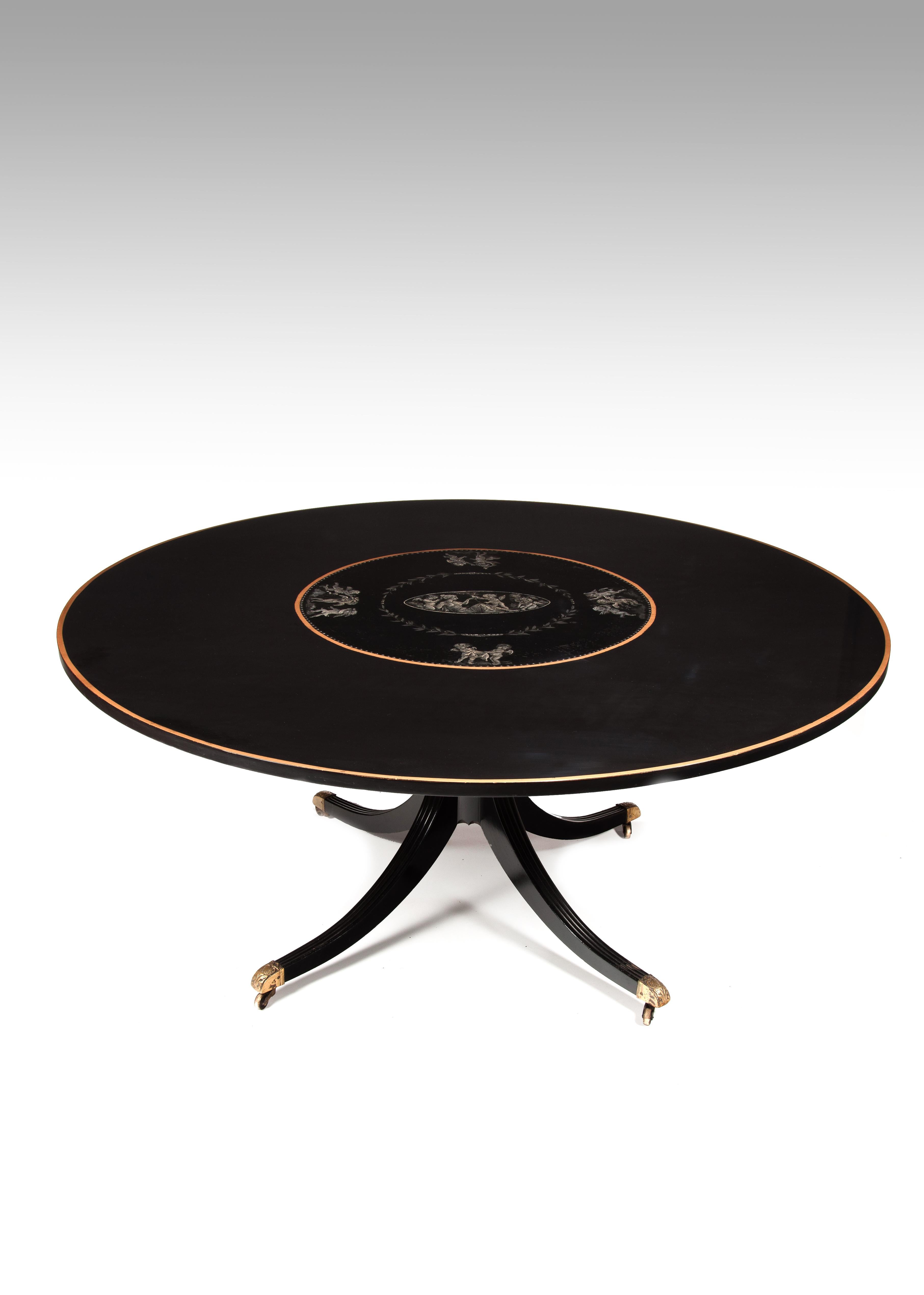 Mid-Century Modern Large Circular Mid-20th Century Ebonized, Gilt and Painted Dining Table