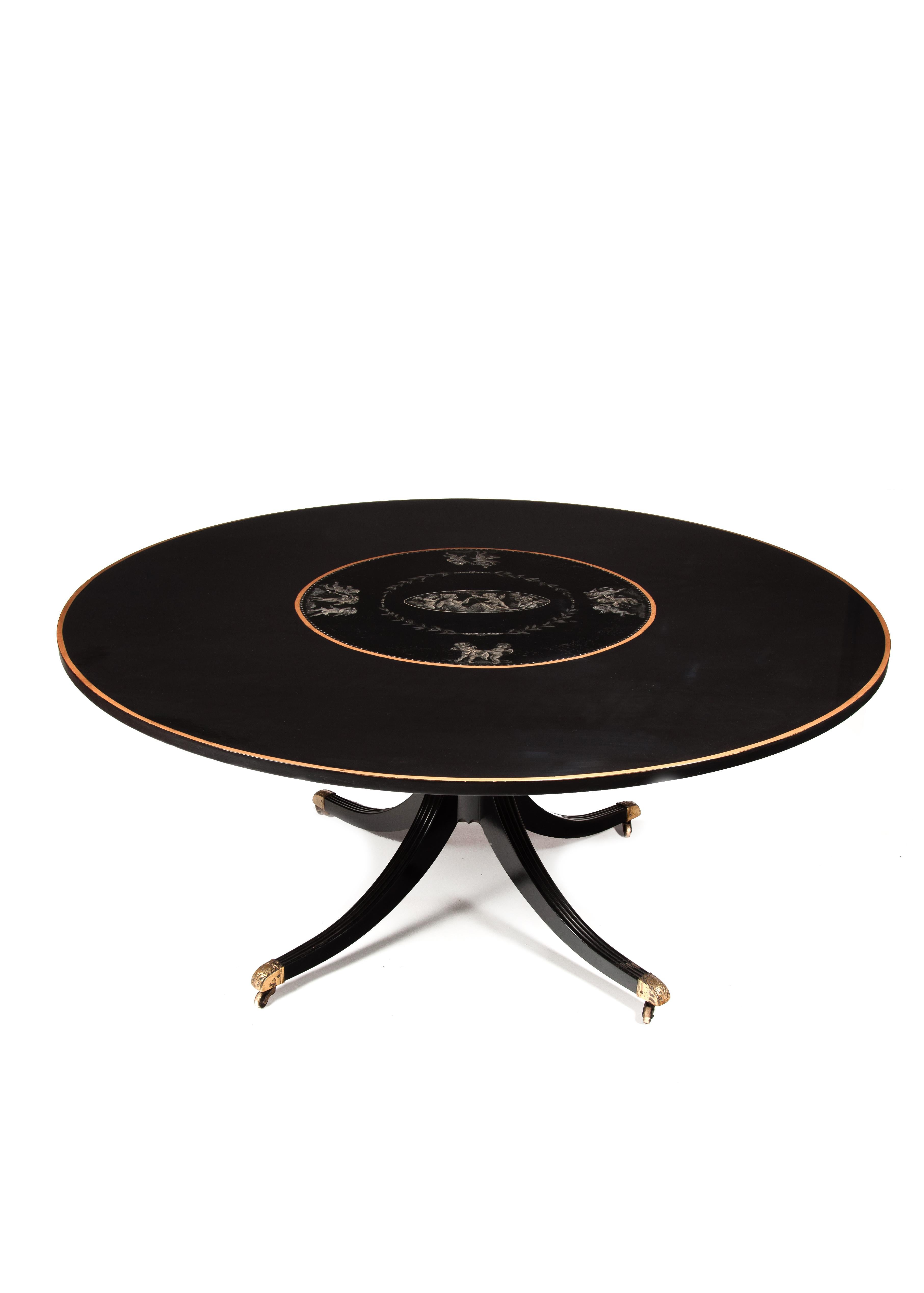 English Large Circular Mid-20th Century Ebonized, Gilt and Painted Dining Table