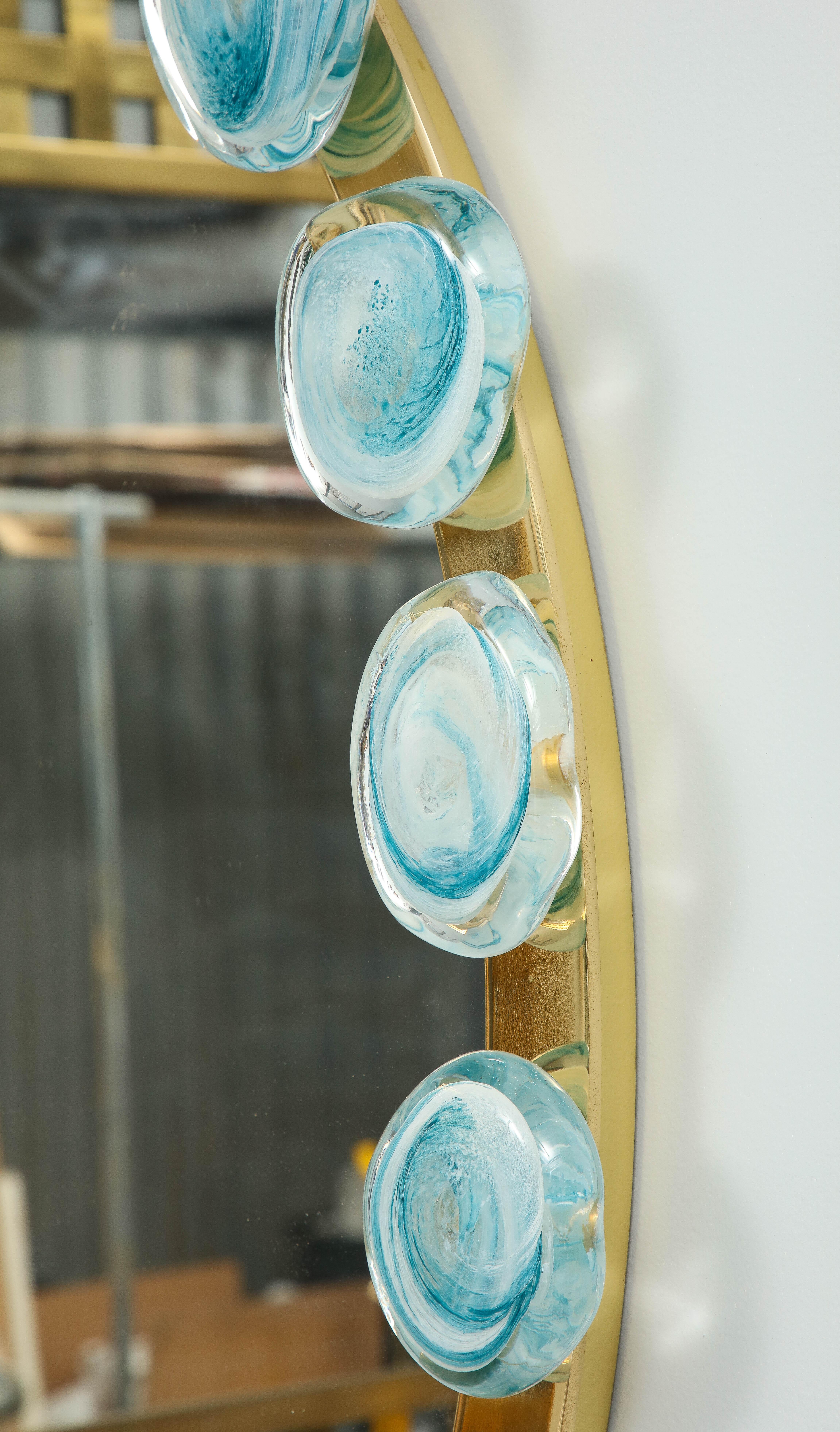 Brass Large Circular Mirror With Blue Murano Ornements For Sale