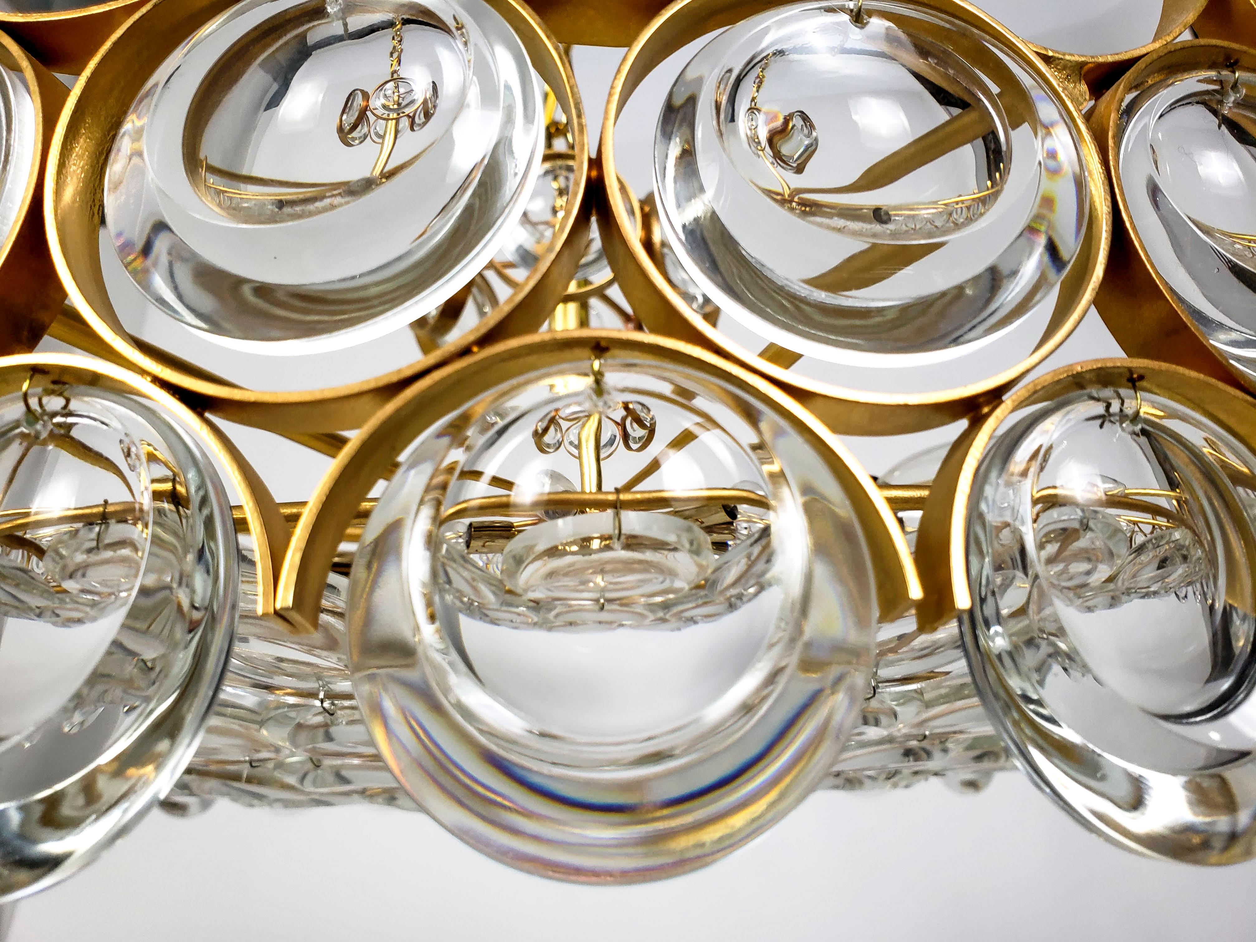 German Large Circular Palwa Gilt Brass and Optical Lens Crystal Chandelier