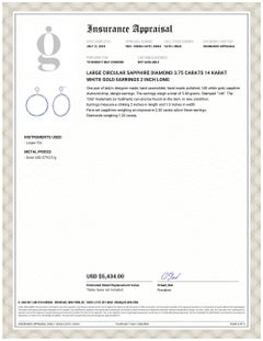 Orecchini circolari grandi con zaffiro e diamante da 3,75 carati in oro bianco, lunghi 2 pollici