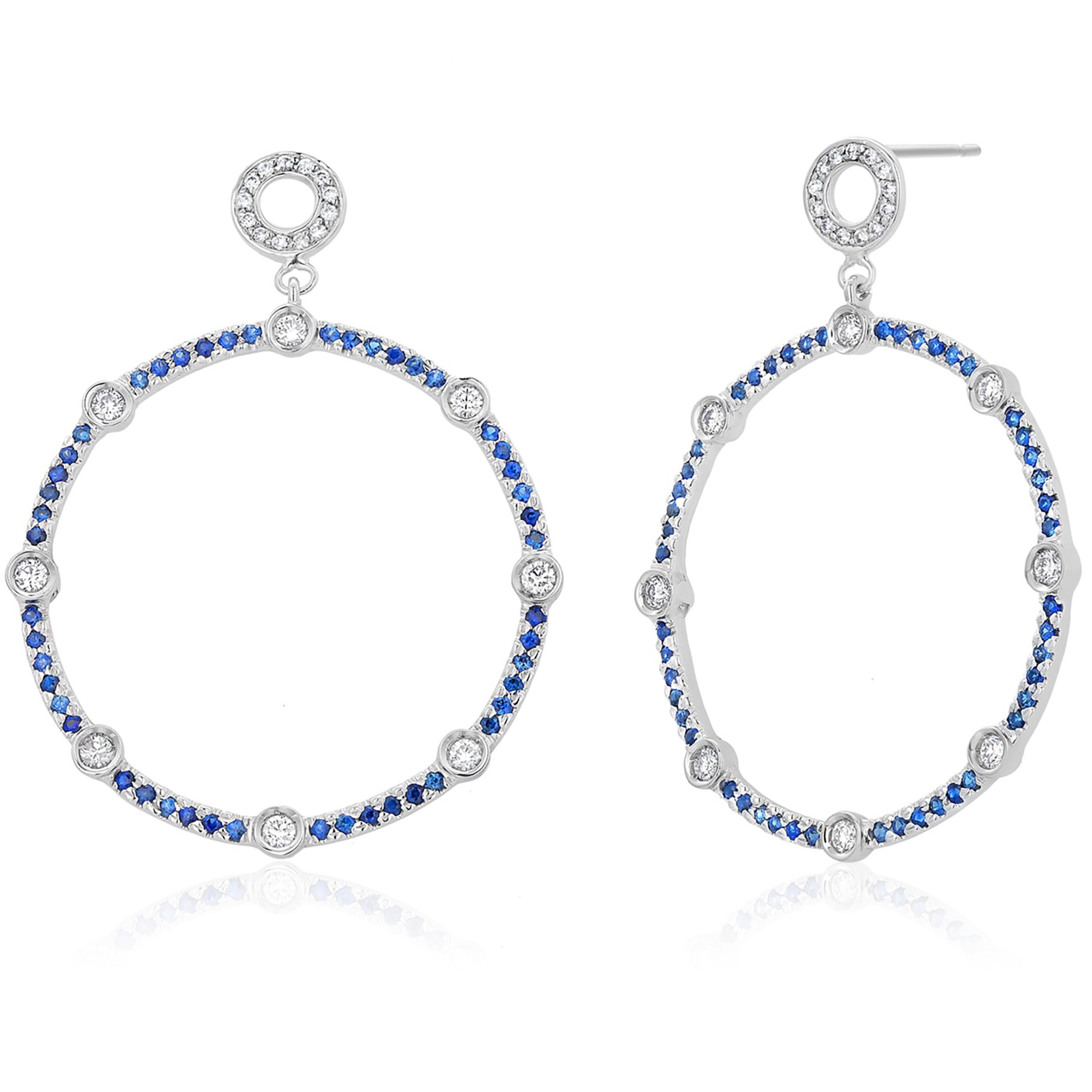 Large Circular Sapphire Diamond 3.75 Carats White Gold Earrings 2 Inch Long  In New Condition For Sale In New York, NY