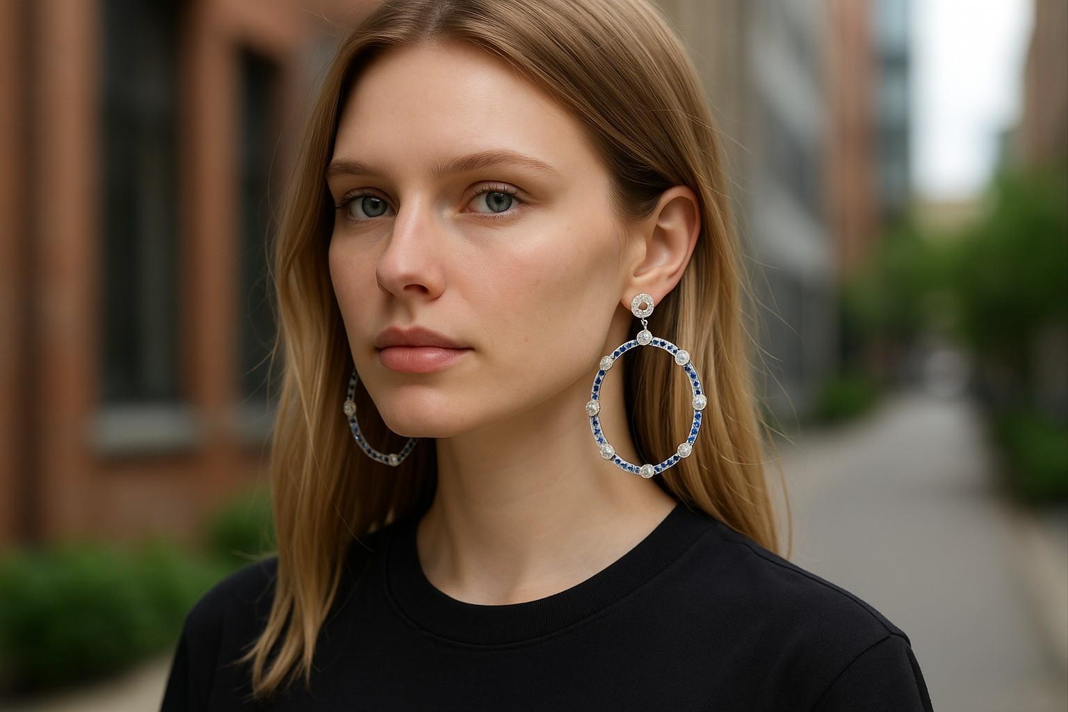 Grandes boucles d'oreilles en or blanc de 3,75 carats avec saphirs circulaires et diamants de 2 pouces de long Neuf - En vente à New York, NY