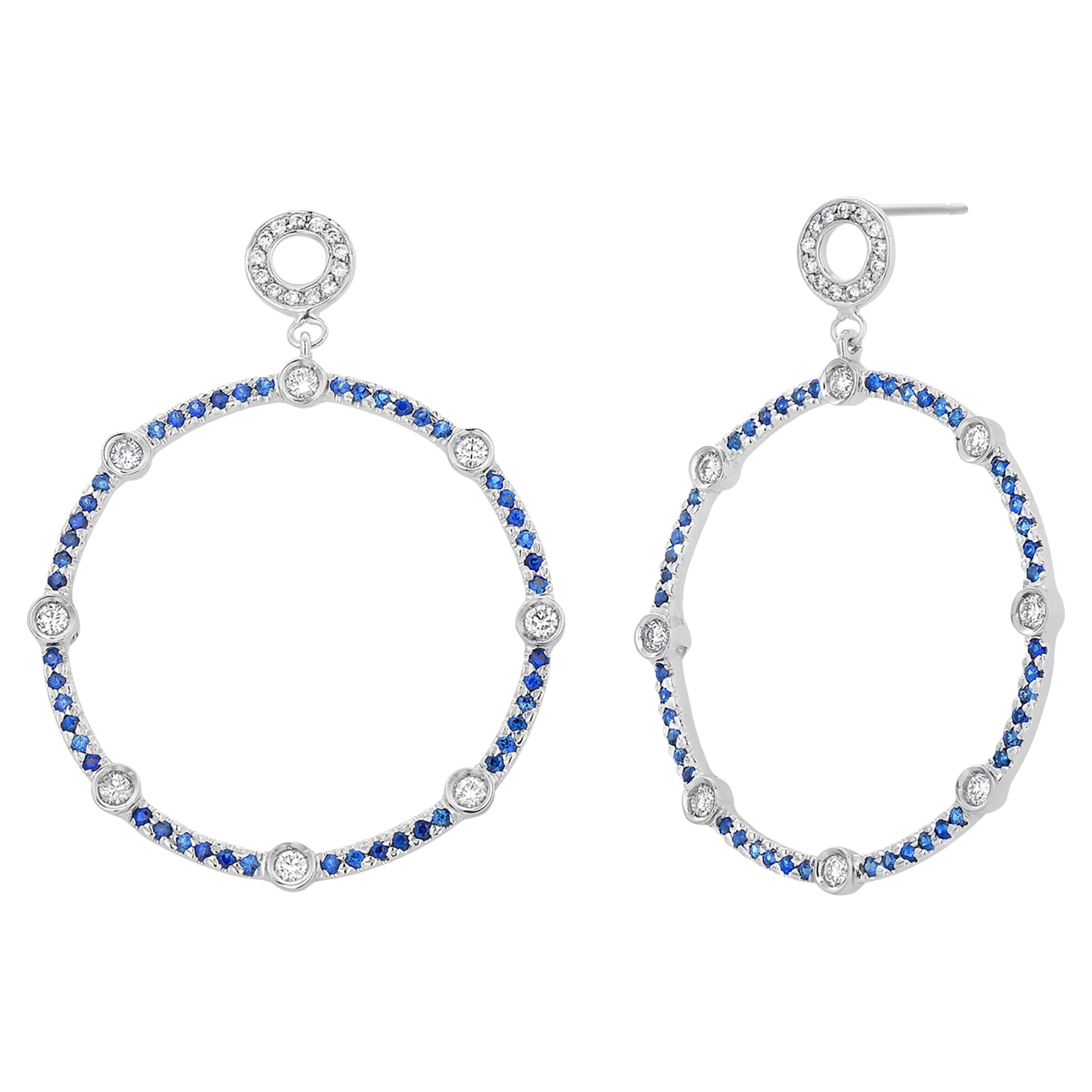 Large Circular Sapphire Diamond 3.75 Carats White Gold Earrings 2 Inch Long  For Sale