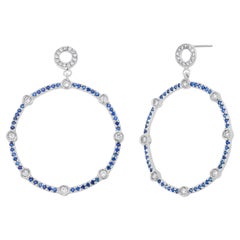 Large Circular Sapphire Diamond 3.75 Carats White Gold Earrings 2 Inch Long 
