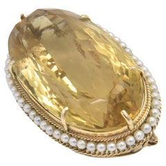 Large Citrine and Seed Pearl Gold Brooch Pendant