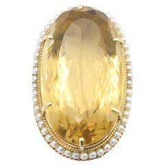 Large Citrine and Seed Pearl Gold Brooch Pendant