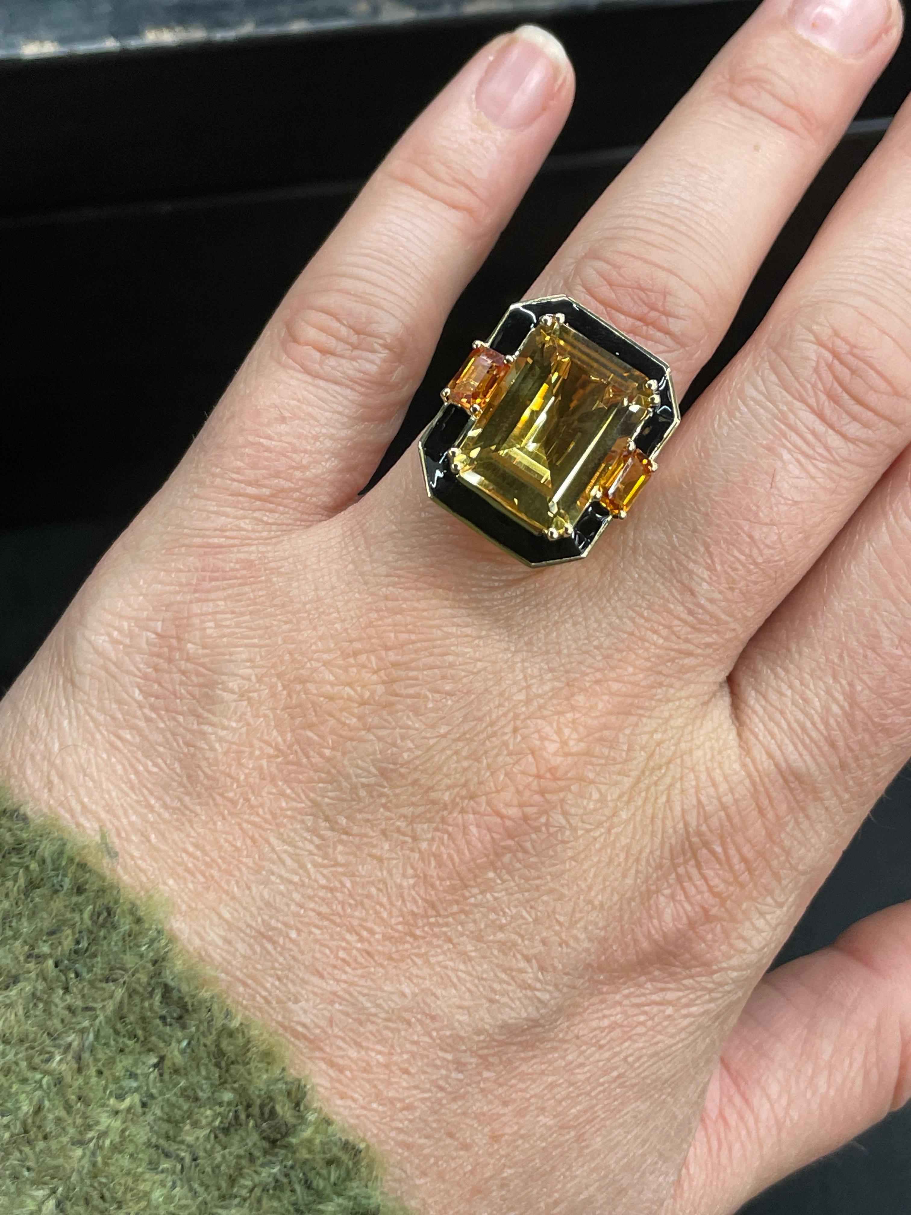 Large Citrine Black Enamel Diamond Cocktail Ring 12.84 CTTW 18 Karat Yellow Gold In New Condition For Sale In New York, NY