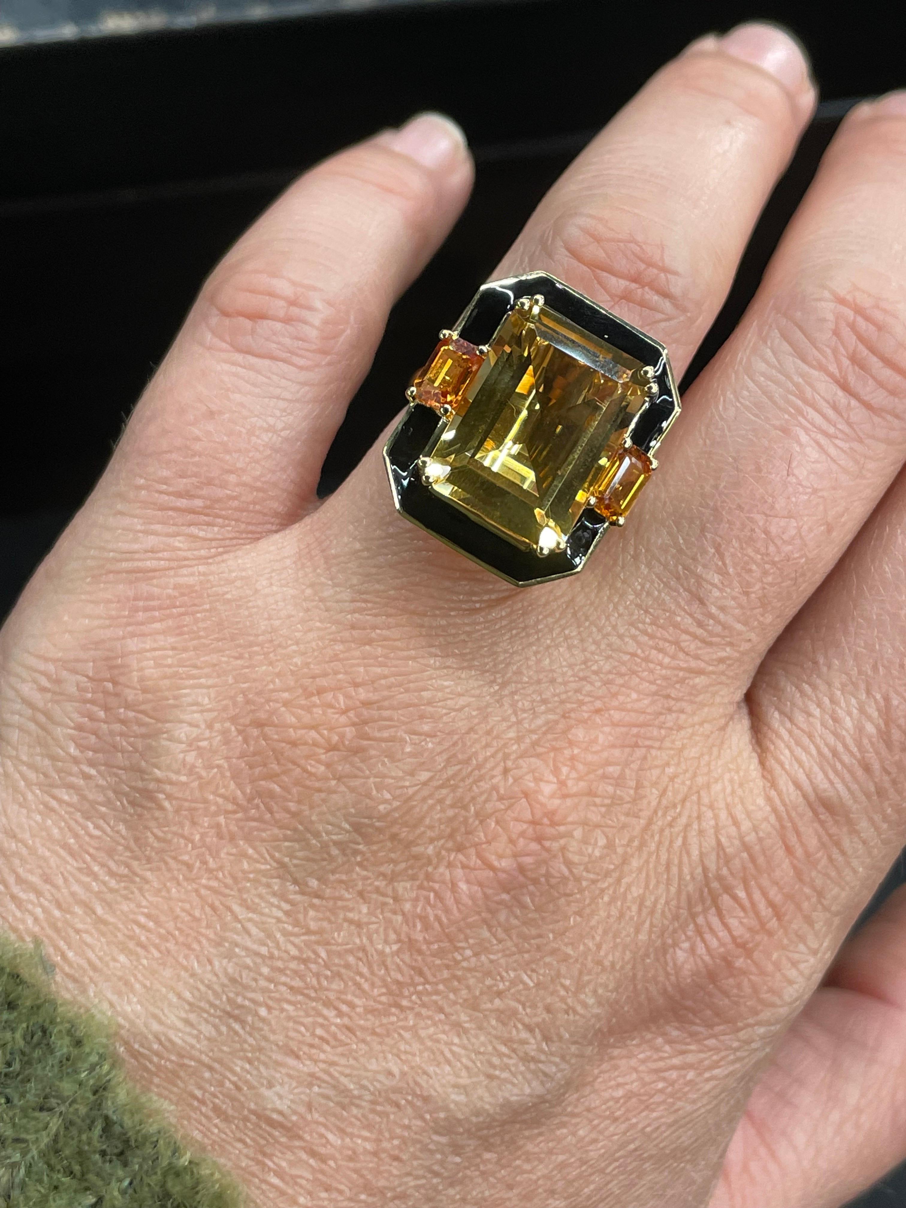 Large Citrine Black Enamel Diamond Cocktail Ring 12.84 CTTW 18 Karat Yellow Gold For Sale 1