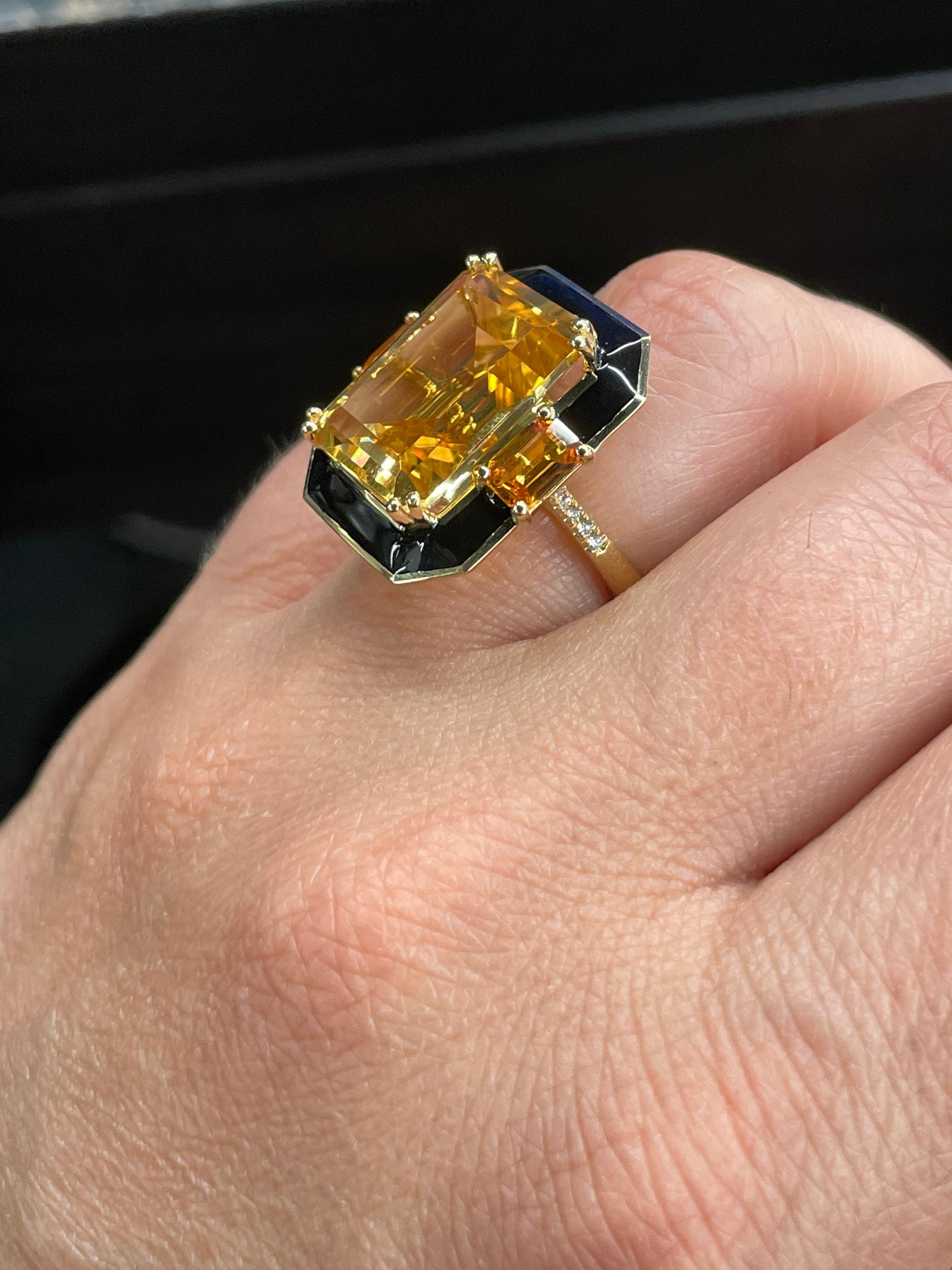 Large Citrine Black Enamel Diamond Cocktail Ring 12.84 CTTW 18 Karat Yellow Gold For Sale 2