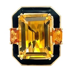 Large Citrine Black Enamel Diamond Cocktail Ring 12.84 CTTW 18 Karat Yellow Gold