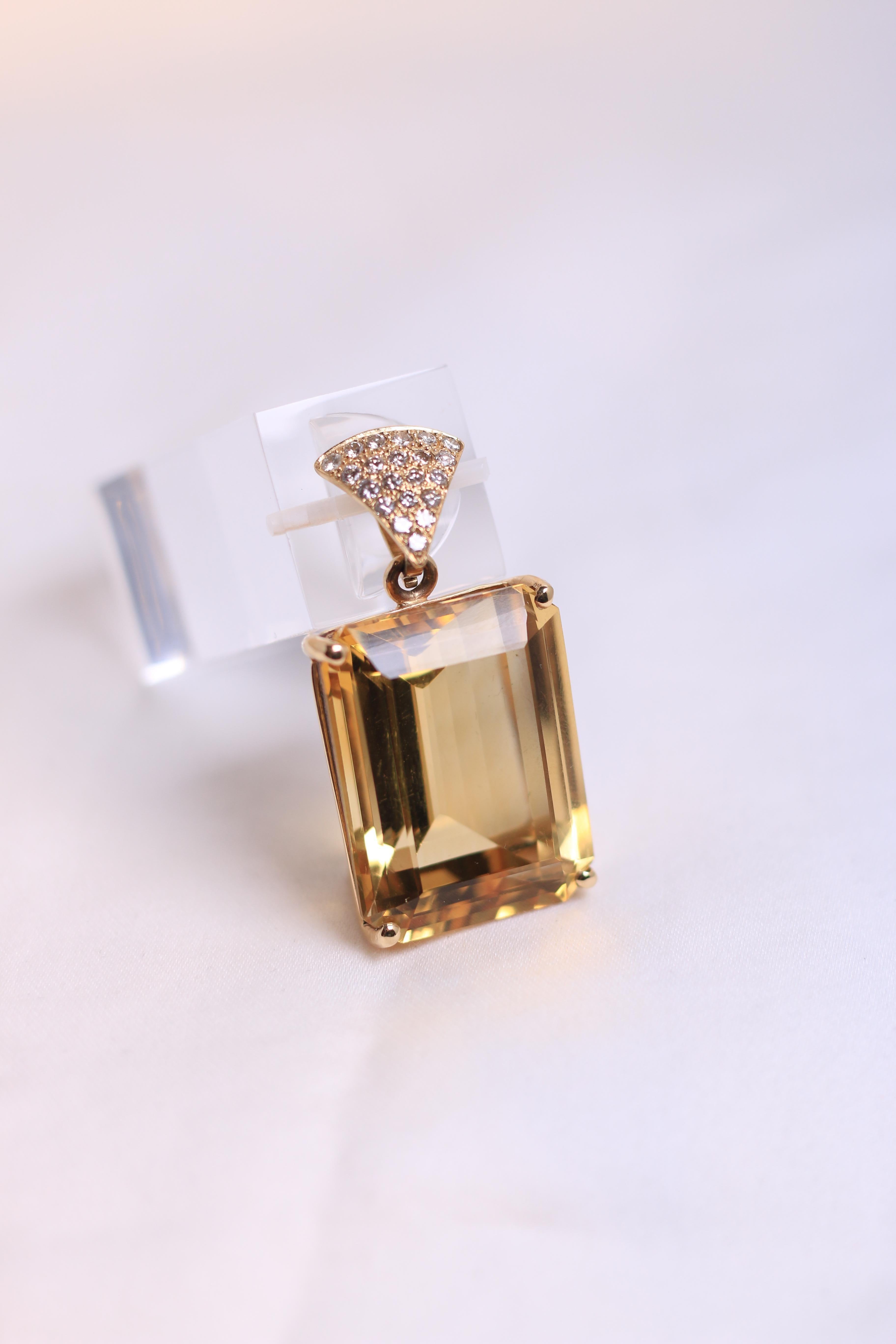Modern Large Citrine Emerald Cut Pendant with Yellow Gold Diamond Bale