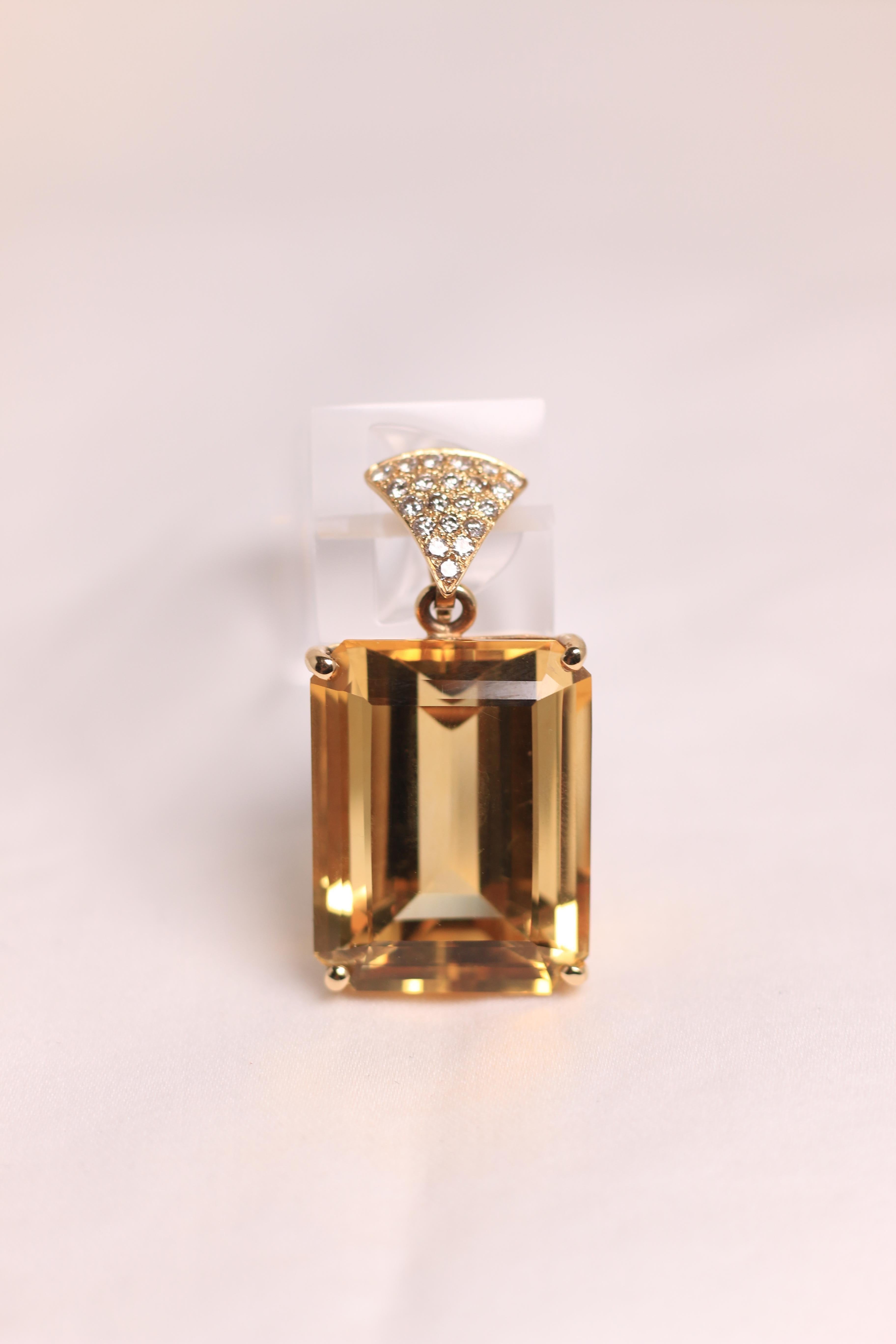 Large Citrine Emerald Cut Pendant with Yellow Gold Diamond Bale In Good Condition In Dallas, TX