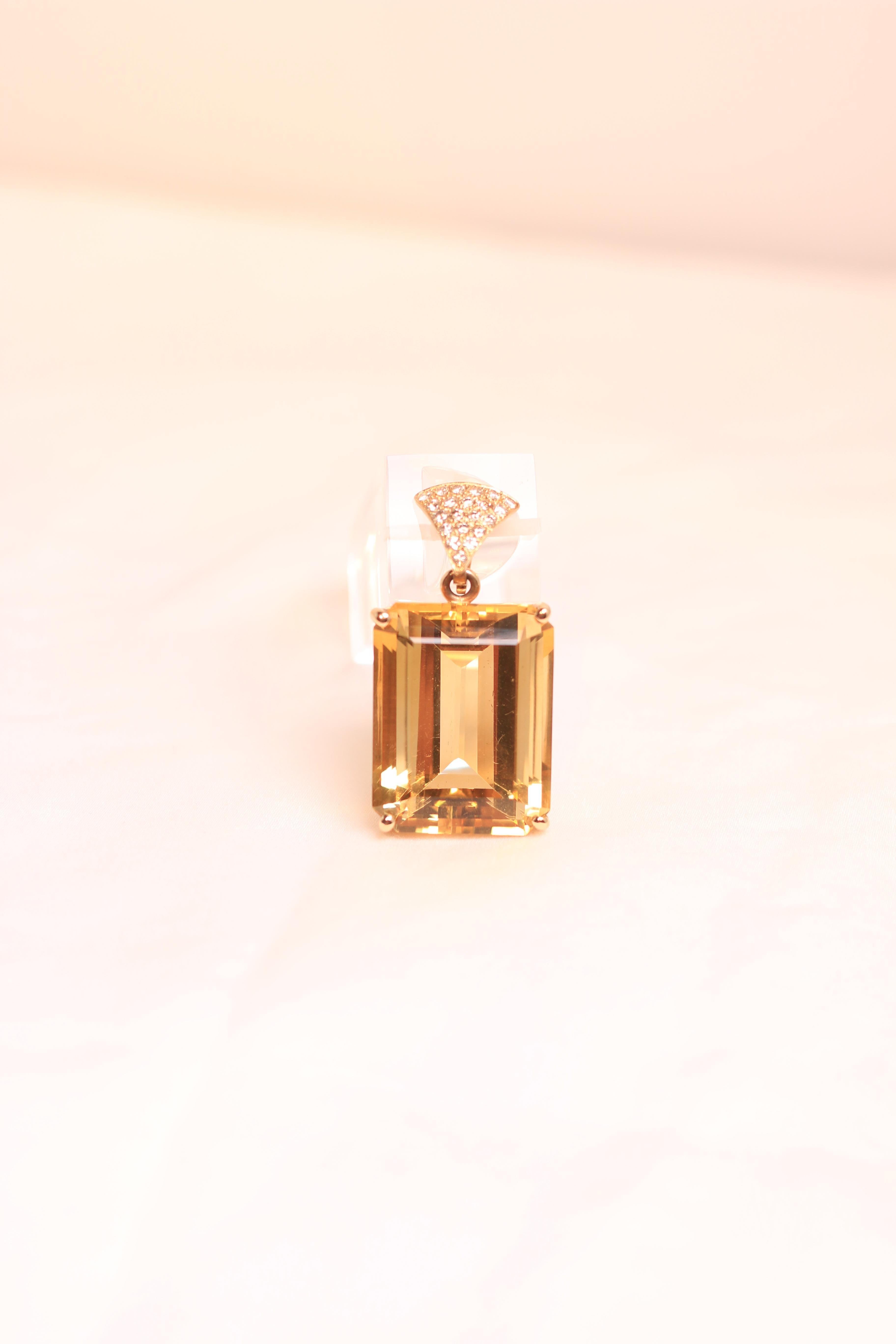 Large Citrine Emerald Cut Pendant with Yellow Gold Diamond Bale 2