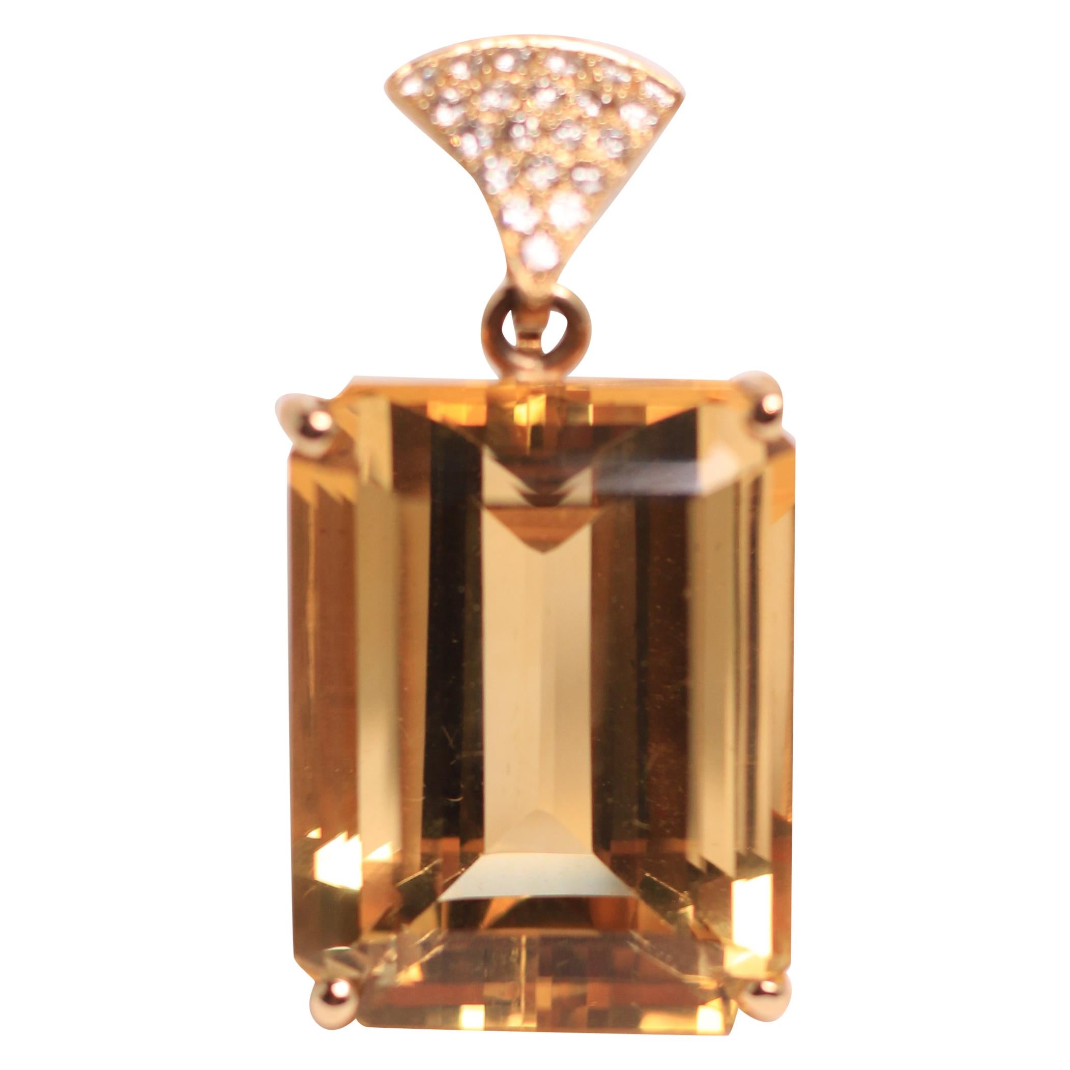 Large Citrine Emerald Cut Pendant with Yellow Gold Diamond Bale