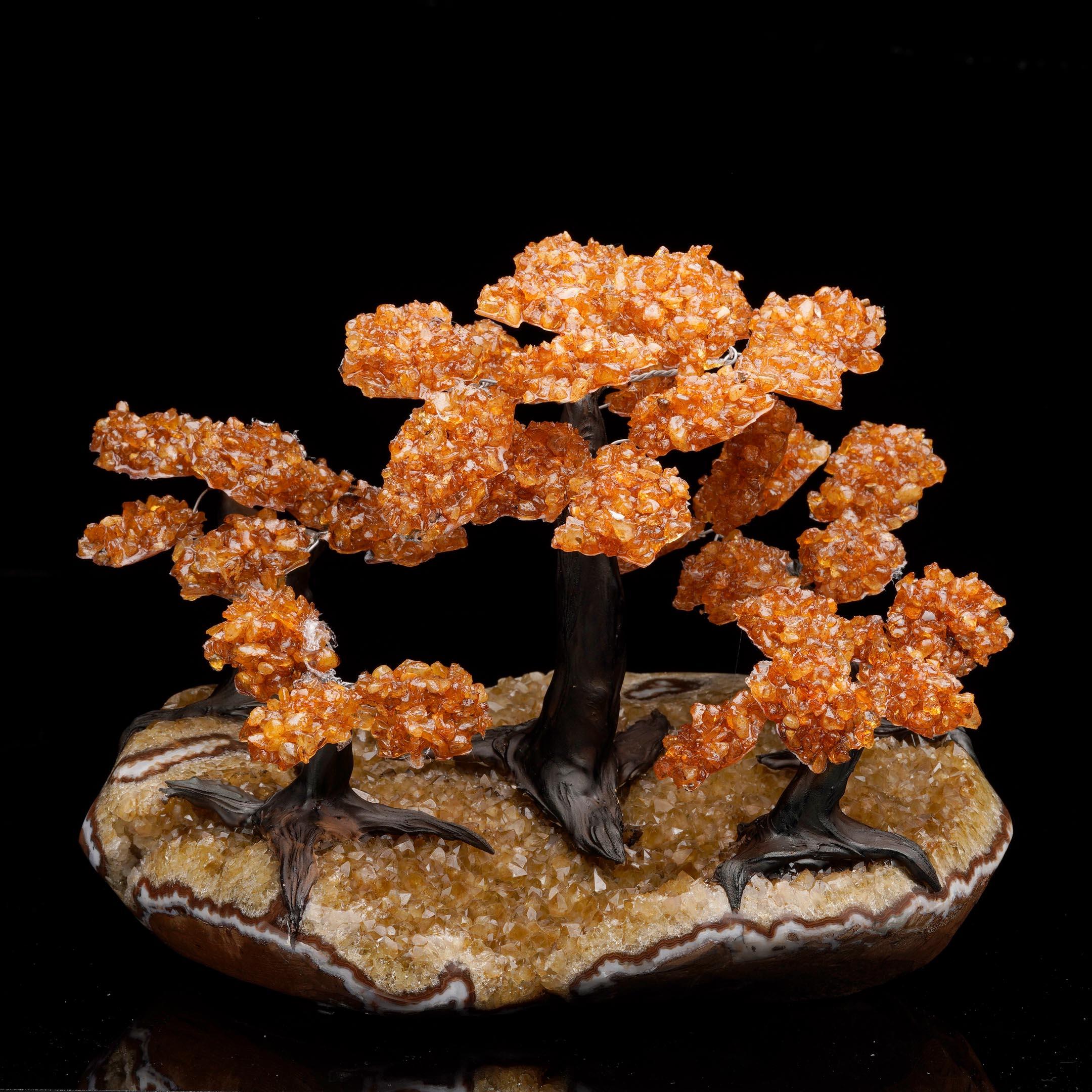 Irradiando calidez, este árbol de gemas artesanal presenta vibrantes hojas de cristal de citrino natural, cada una de ellas engastada con maestría para asemejarse a un follaje dorado en plena floración. Anclado en una base de racimo de Citrino