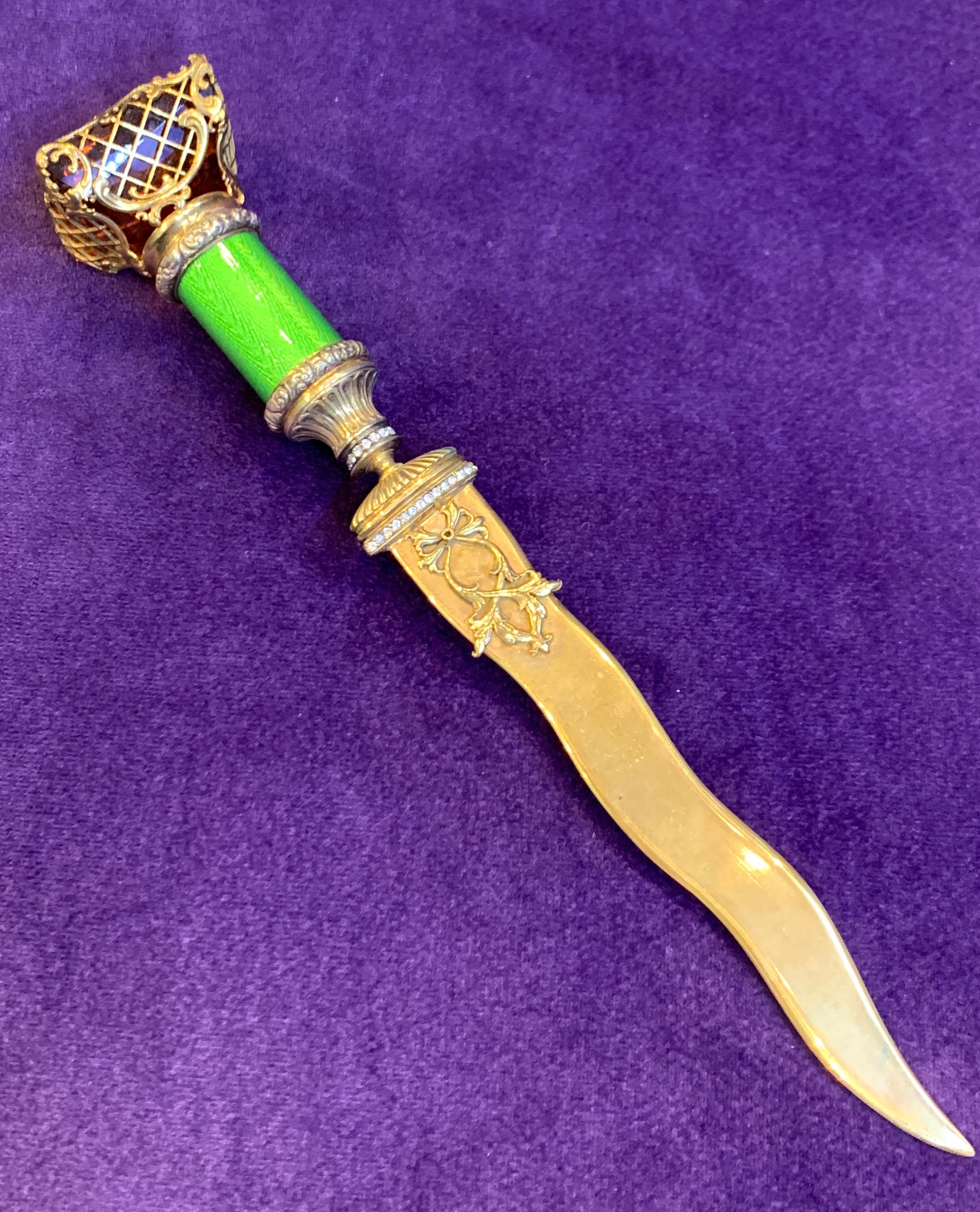 Large Citrine Gilt Silver & Diamond Letter Opener  In Excellent Condition In New York, NY