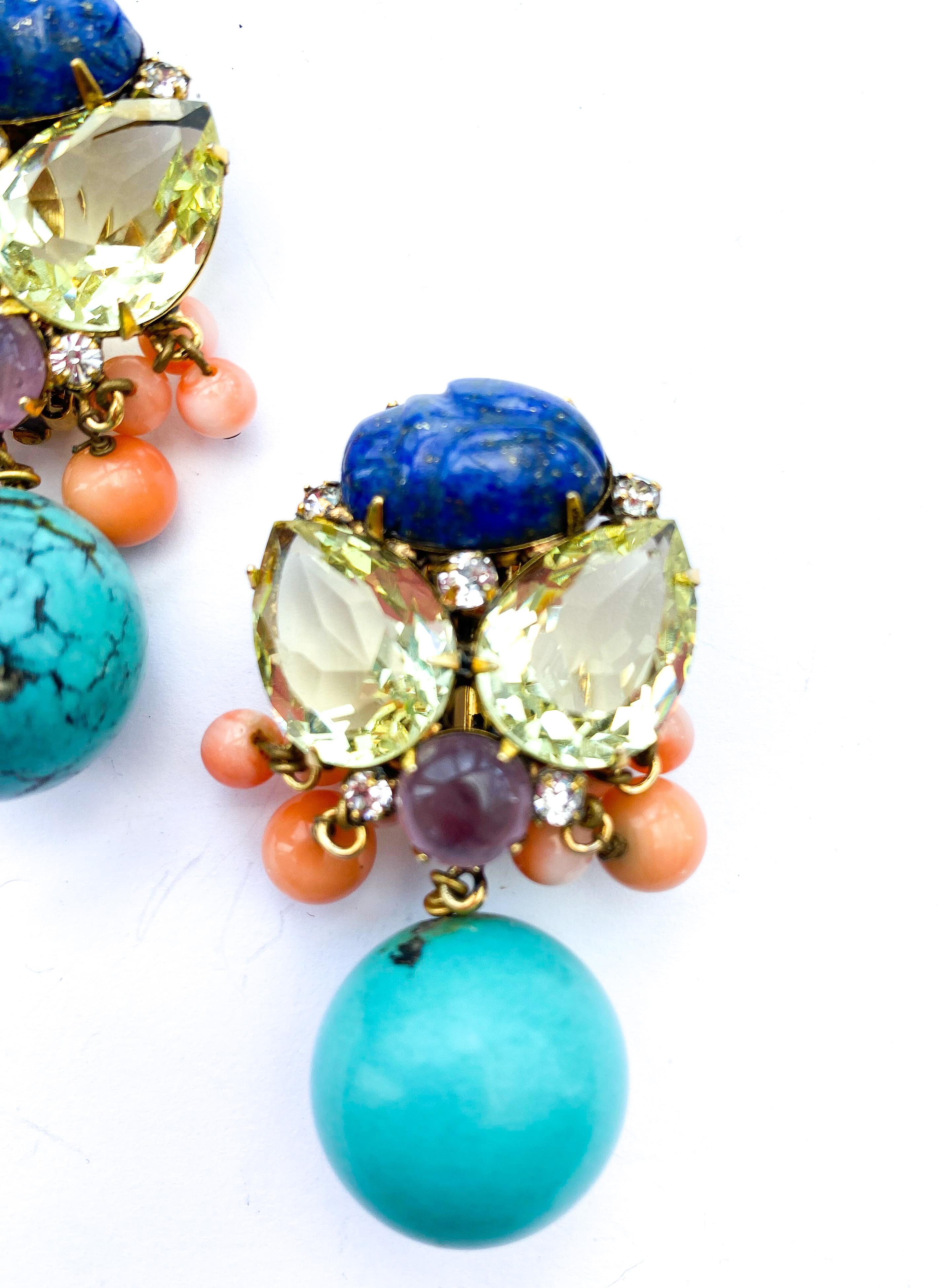 Cabochon Large citrine, lapis scarab and turquoise drop earrings, Iradj Moini, USA, 1990s For Sale