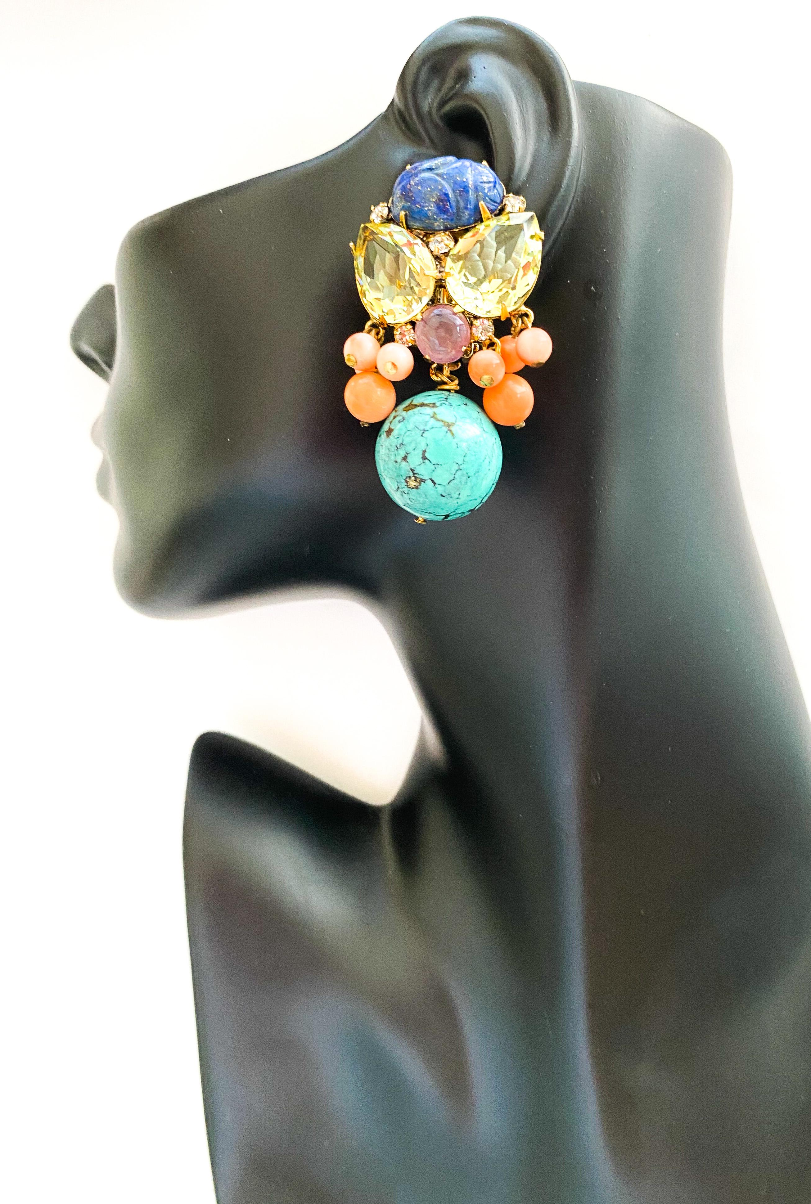 Large citrine, lapis scarab and turquoise drop earrings, Iradj Moini, USA, 1990s In Excellent Condition In Greyabbey, County Down