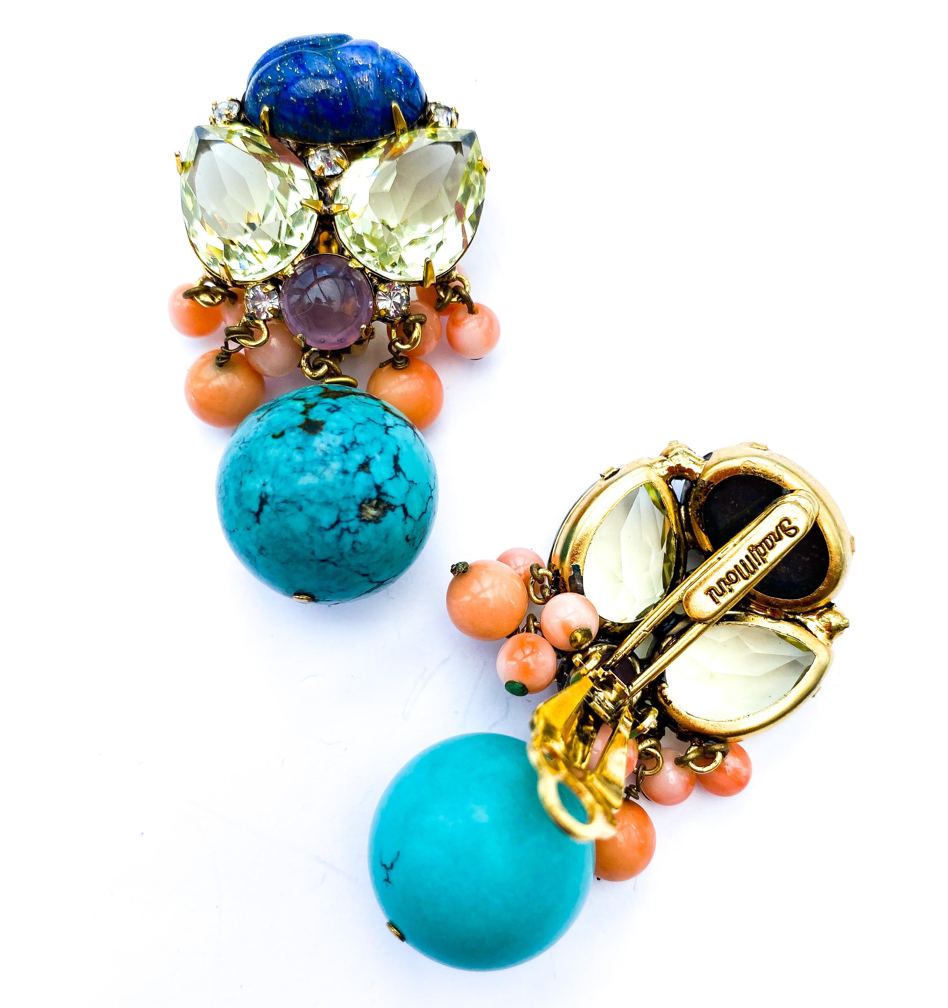 Large citrine, lapis scarab and turquoise drop earrings, Iradj Moini, USA, 1990s For Sale 1