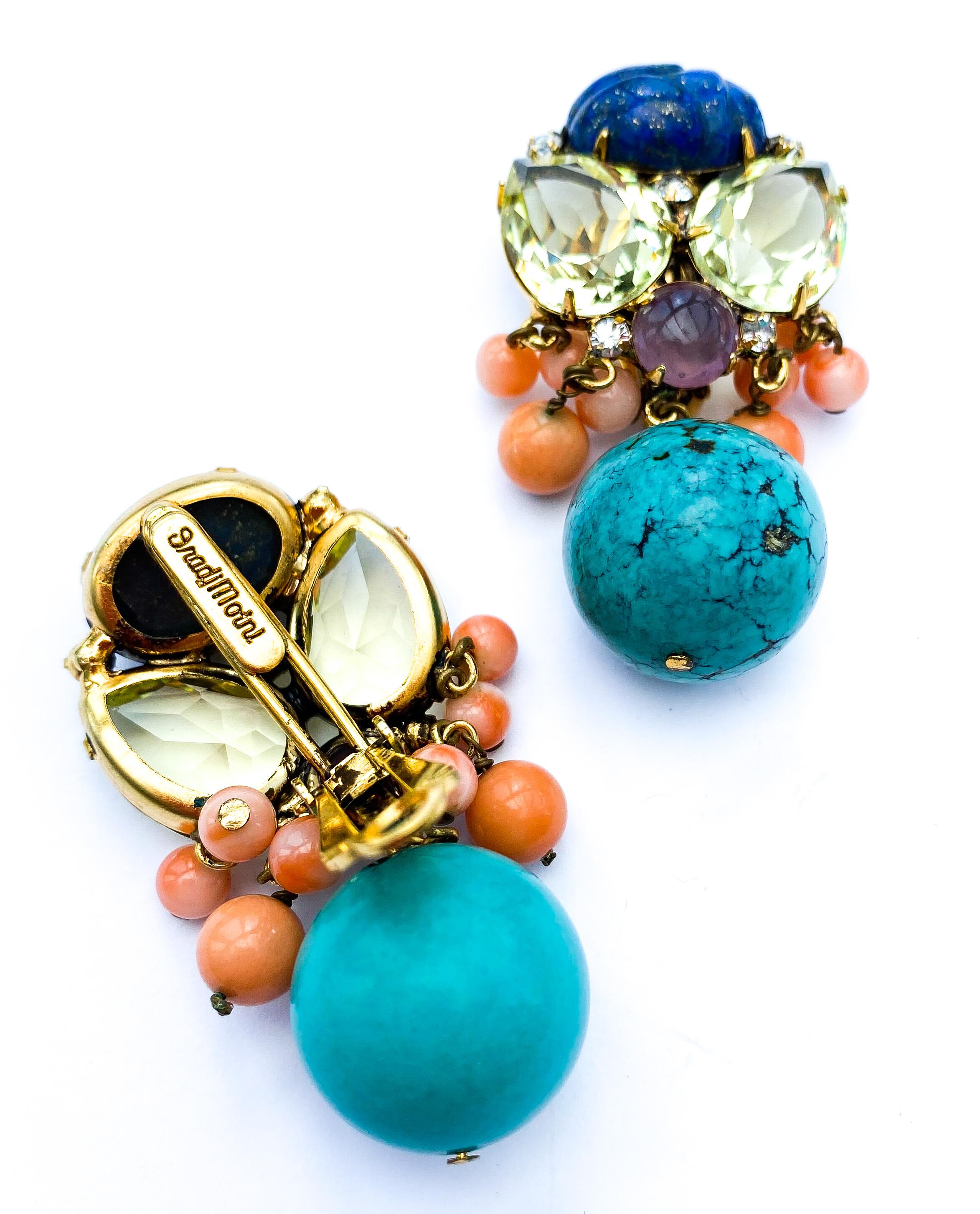 Large citrine, lapis scarab and turquoise drop earrings, Iradj Moini, USA, 1990s For Sale 2