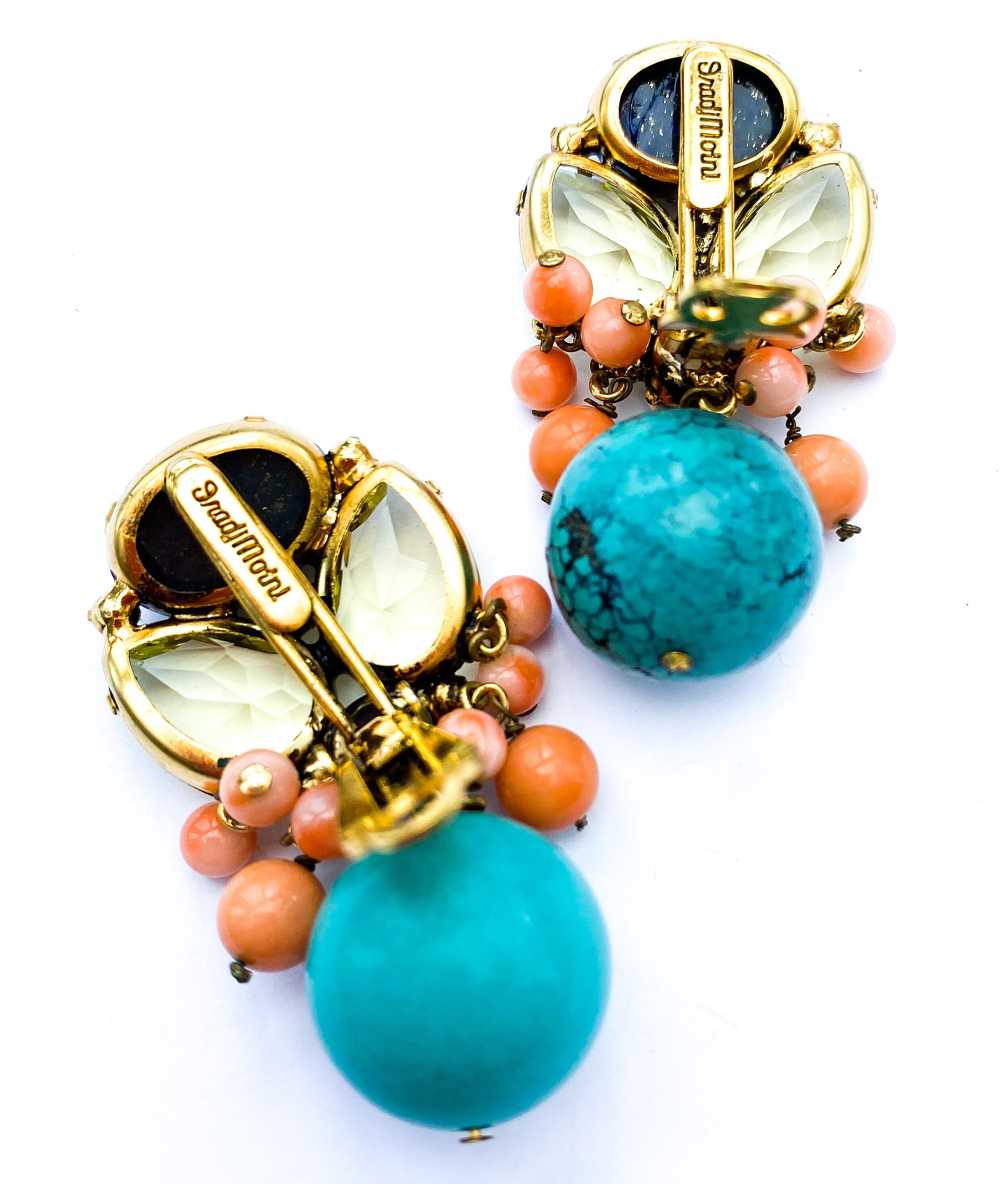 Large citrine, lapis scarab and turquoise drop earrings, Iradj Moini, USA, 1990s For Sale 3