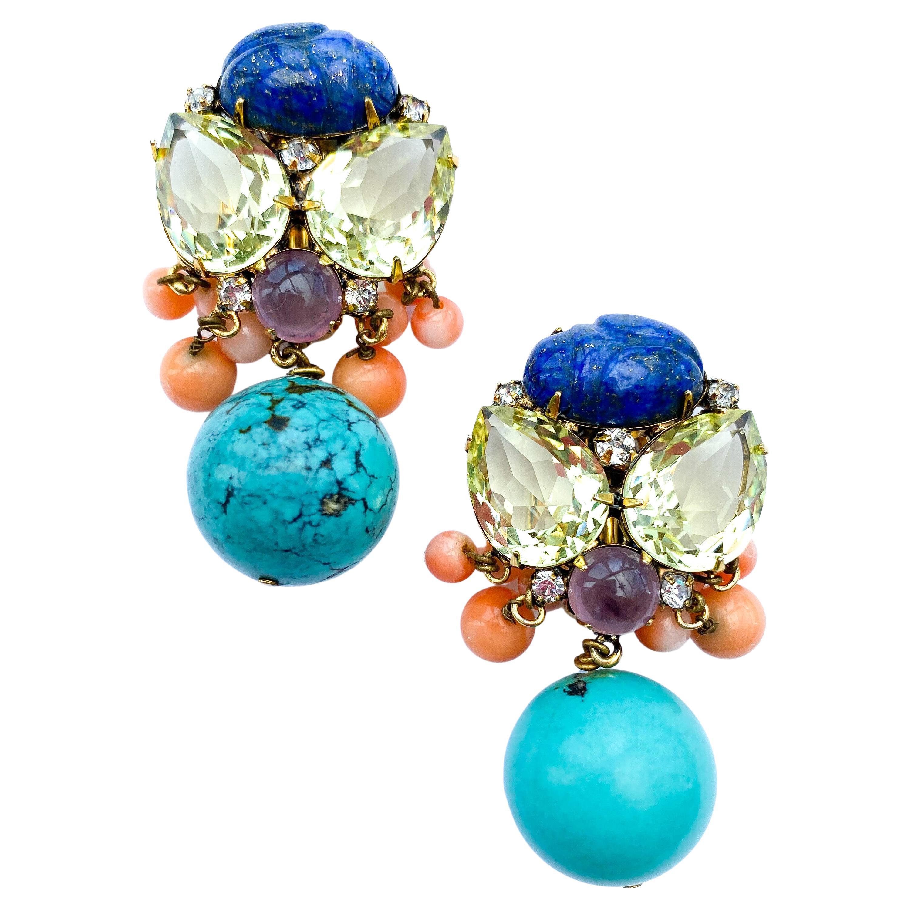 Large citrine, lapis scarab and turquoise drop earrings, Iradj Moini, USA, 1990s For Sale