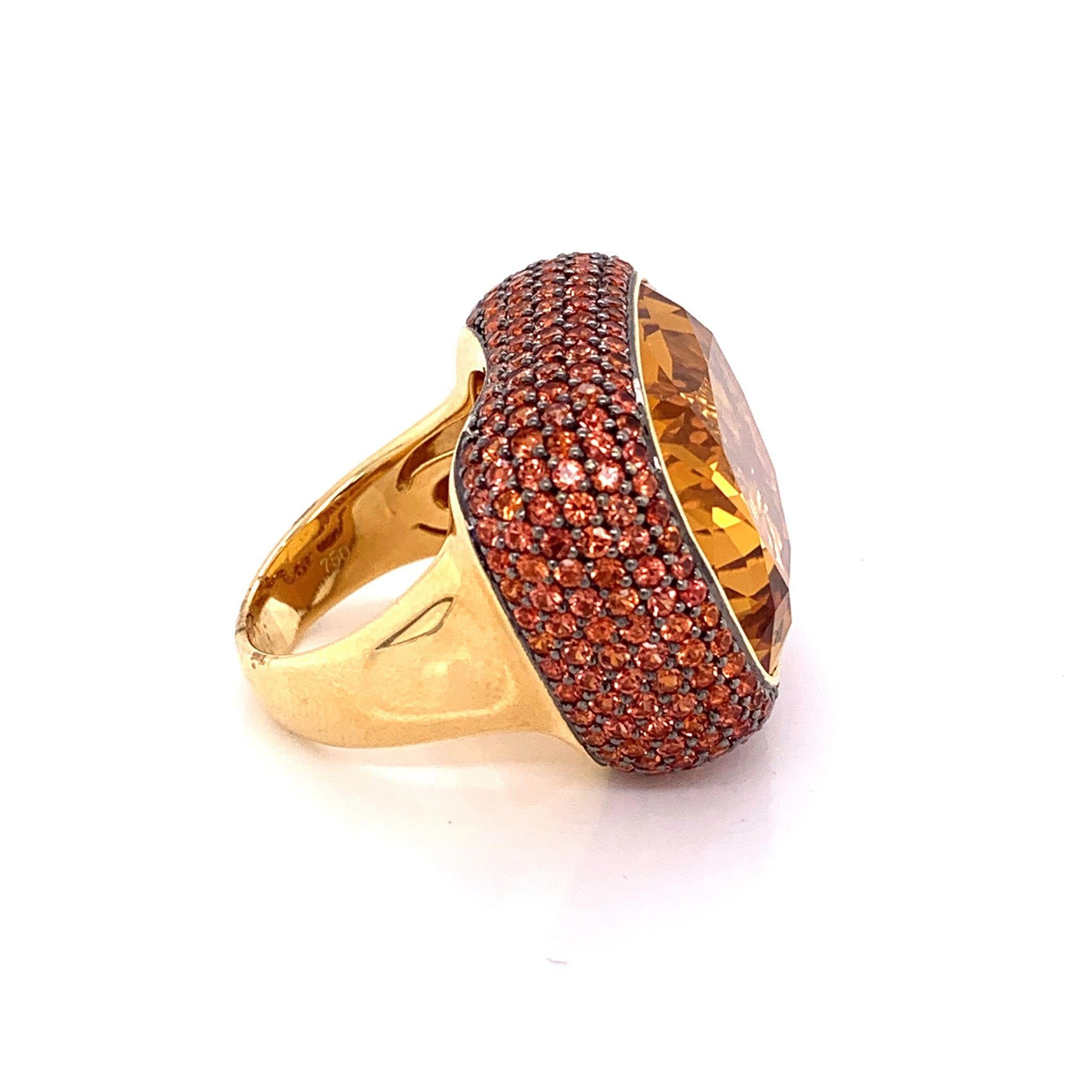 Cushion Cut Large Citrine Orange Sapphire Gold Cocktail Ring For Sale