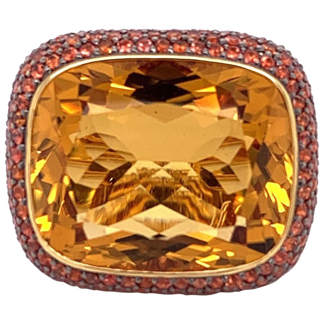 Large Citrine Orange Sapphire Gold Cocktail Ring For Sale