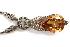 Large Citrine Pendant Sterling Marcasite Necklace- Elaborate Refined Design