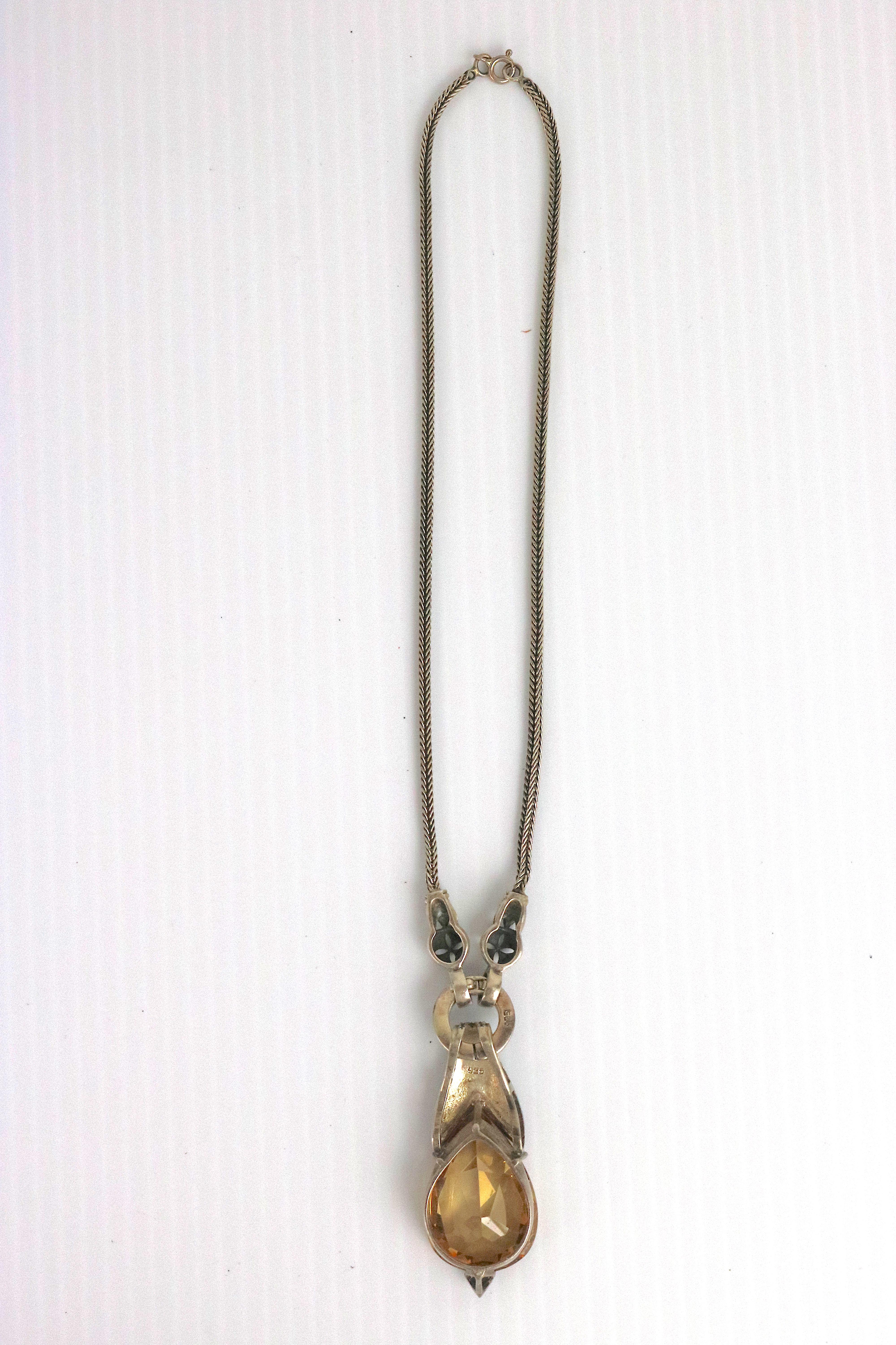 Women's Large Citrine Pendant Sterling Marcasite Necklace- Elaborate Refined Design For Sale