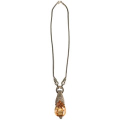 Large Citrine Pendant Sterling Marcasite Necklace- Elaborate Refined Design