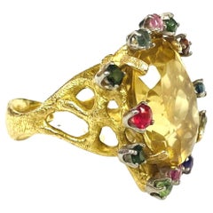 Large Citrine With Multiple Gemstones Ring 18K Yellow Gold