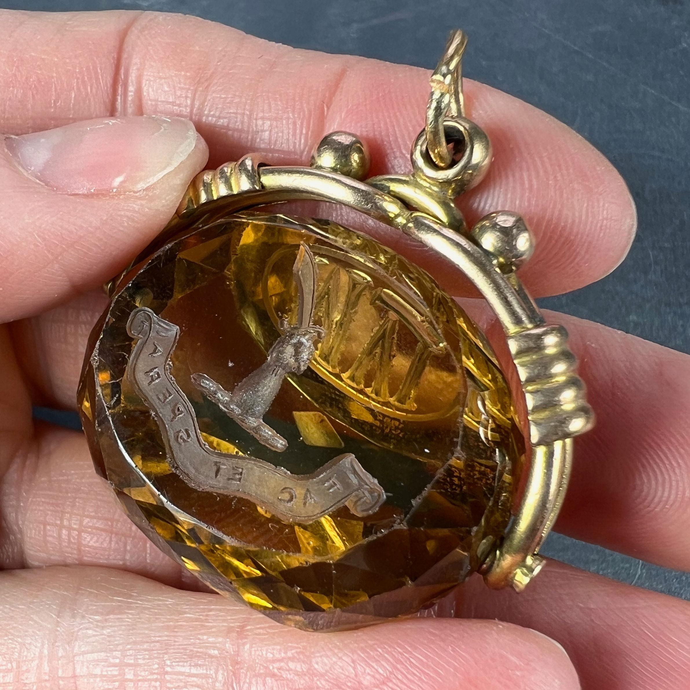 Large Citrine Yellow Gold Spinning Fob Charm Pendant In Good Condition In London, GB