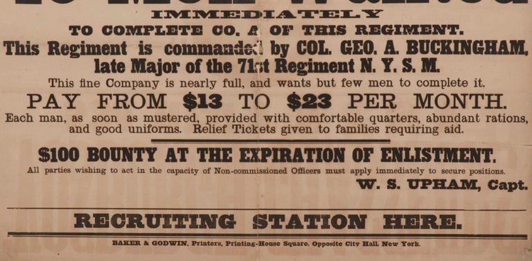 Mid-19th Century Large Civil War recruitment Broadside for the 53rd New York Volunteer Infantry For Sale