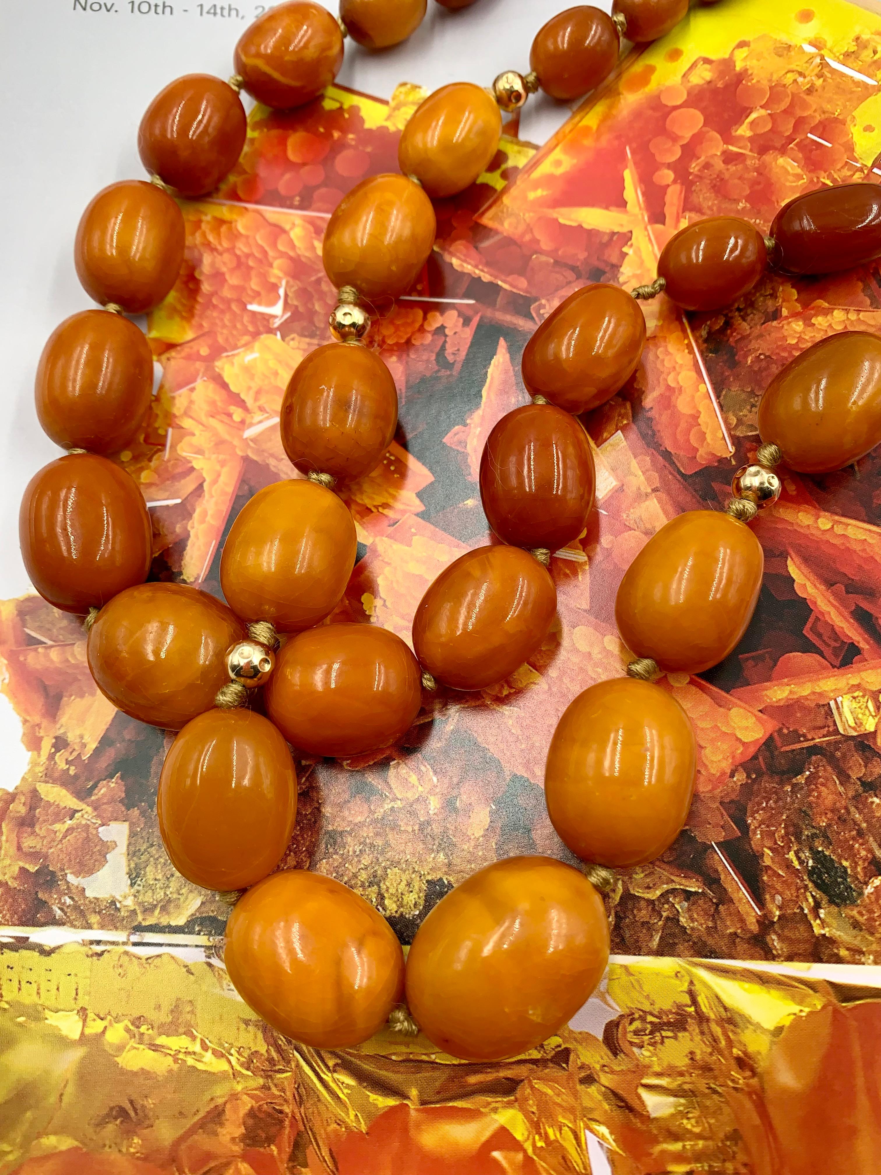 Large Classic Antique Butterscotch Baltic Amber and 14K Gold Bead Necklace For Sale 7