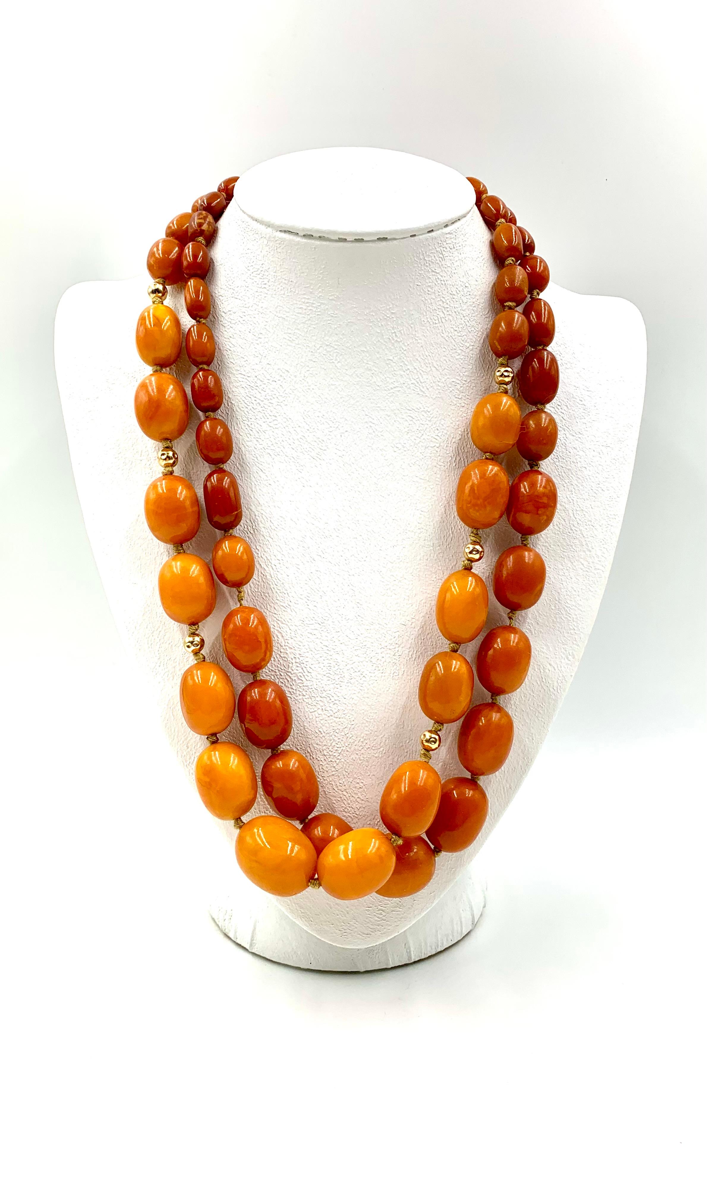 Large Classic Antique Butterscotch Baltic Amber and 14K Gold Bead Necklace For Sale 8