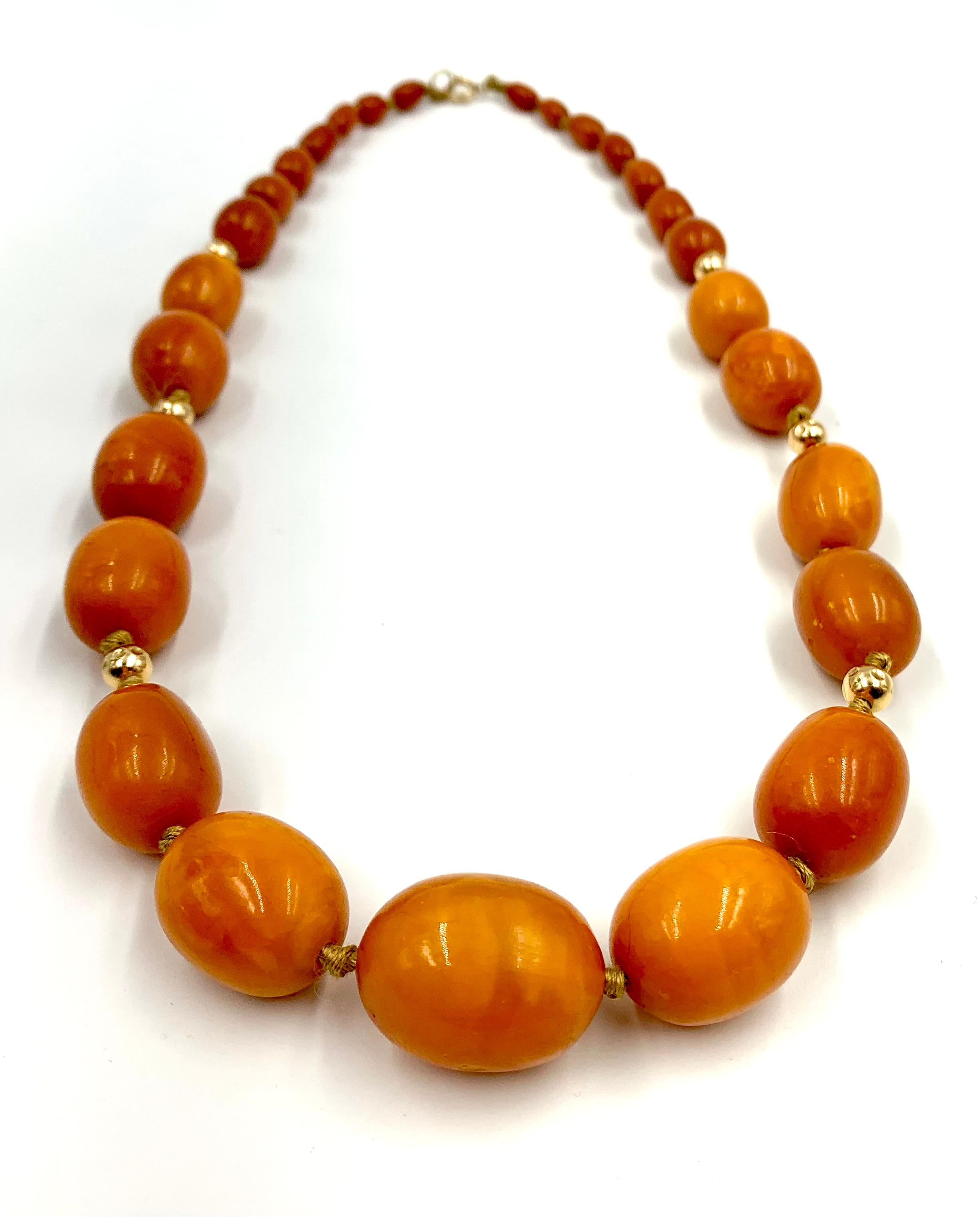 Large Classic Antique Butterscotch Baltic Amber and 14K Gold Bead Necklace For Sale 3