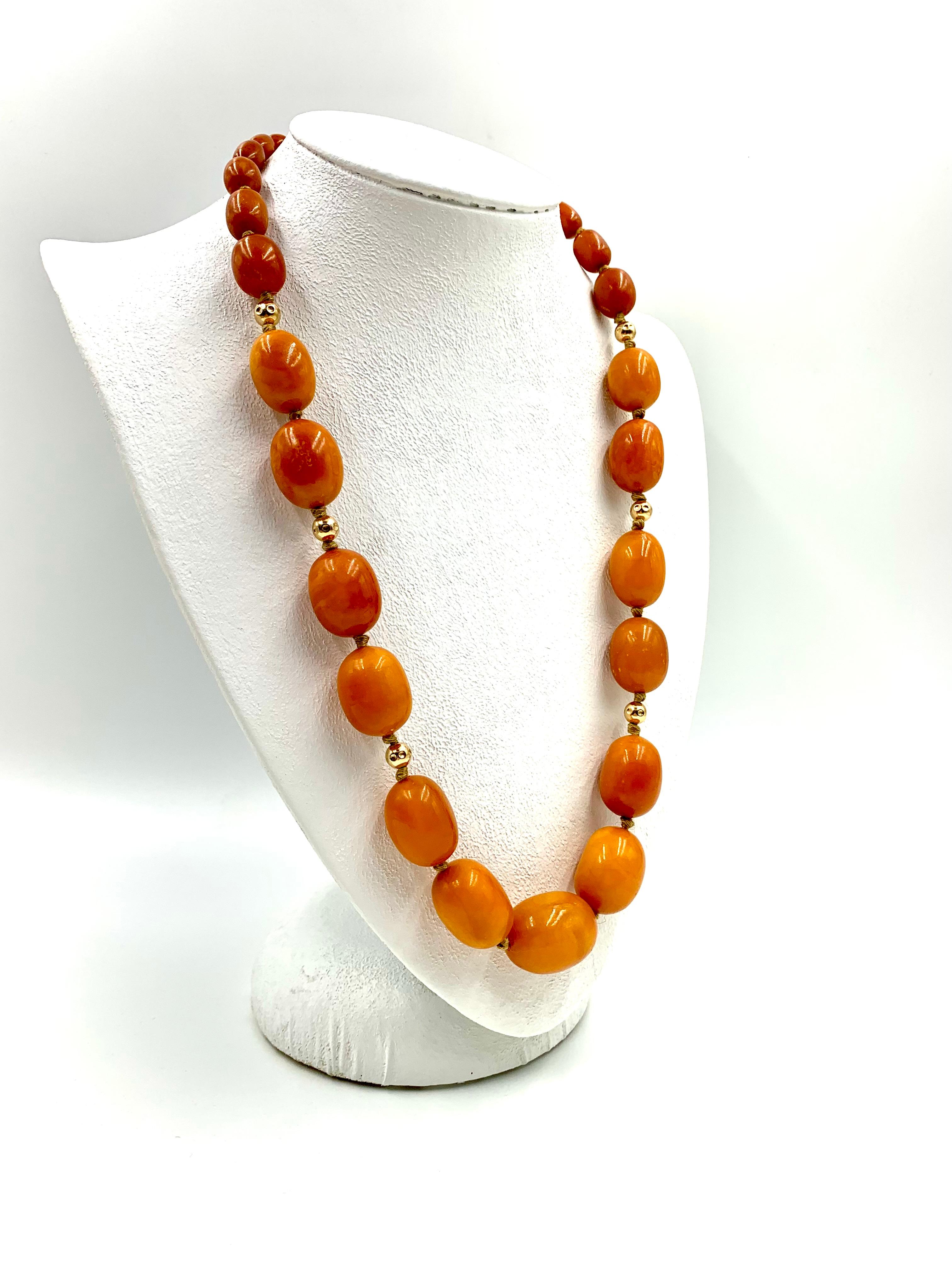 Large Classic Antique Butterscotch Baltic Amber and 14K Gold Bead Necklace For Sale 4