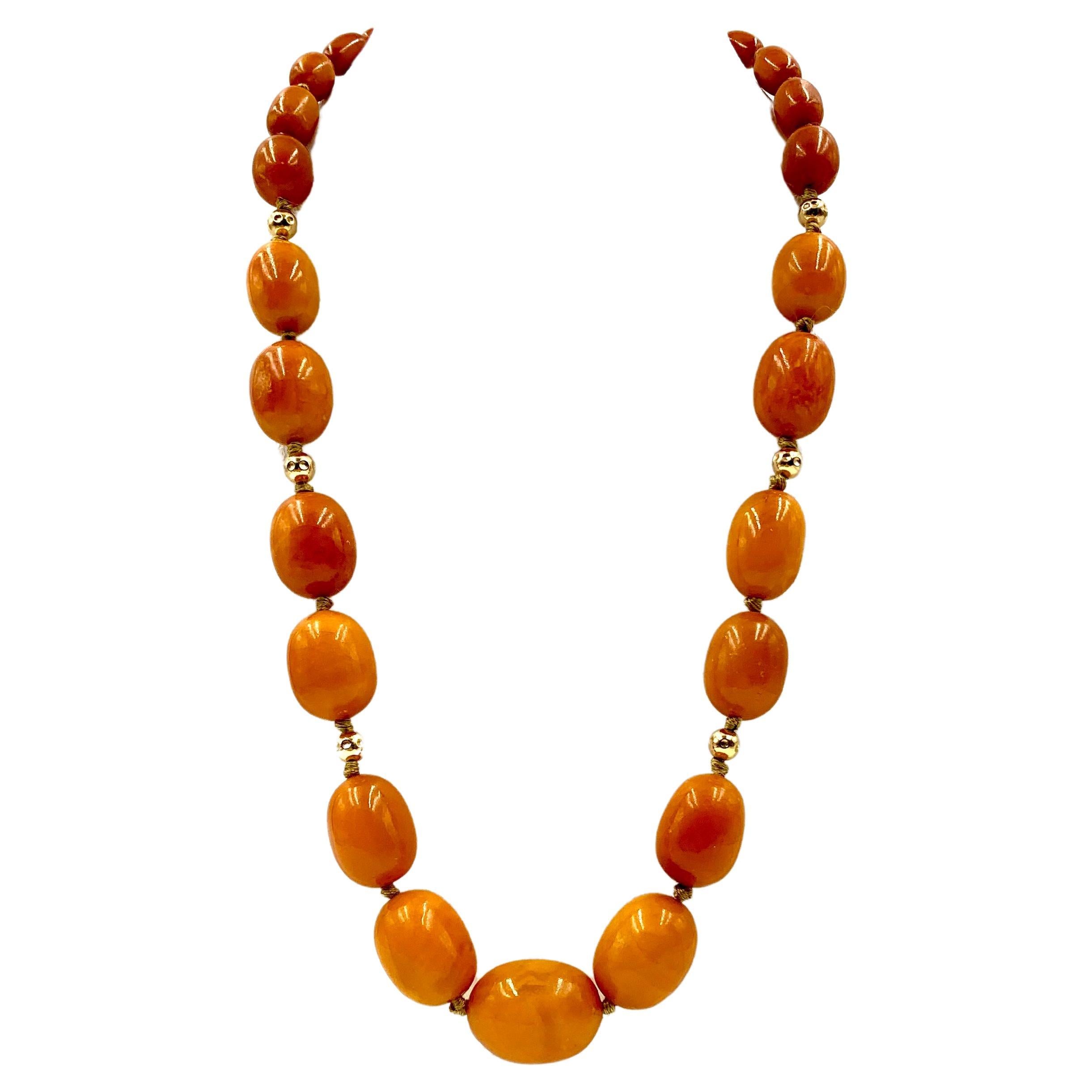 Large Classic Antique Butterscotch Baltic Amber and 14K Gold Bead Necklace For Sale
