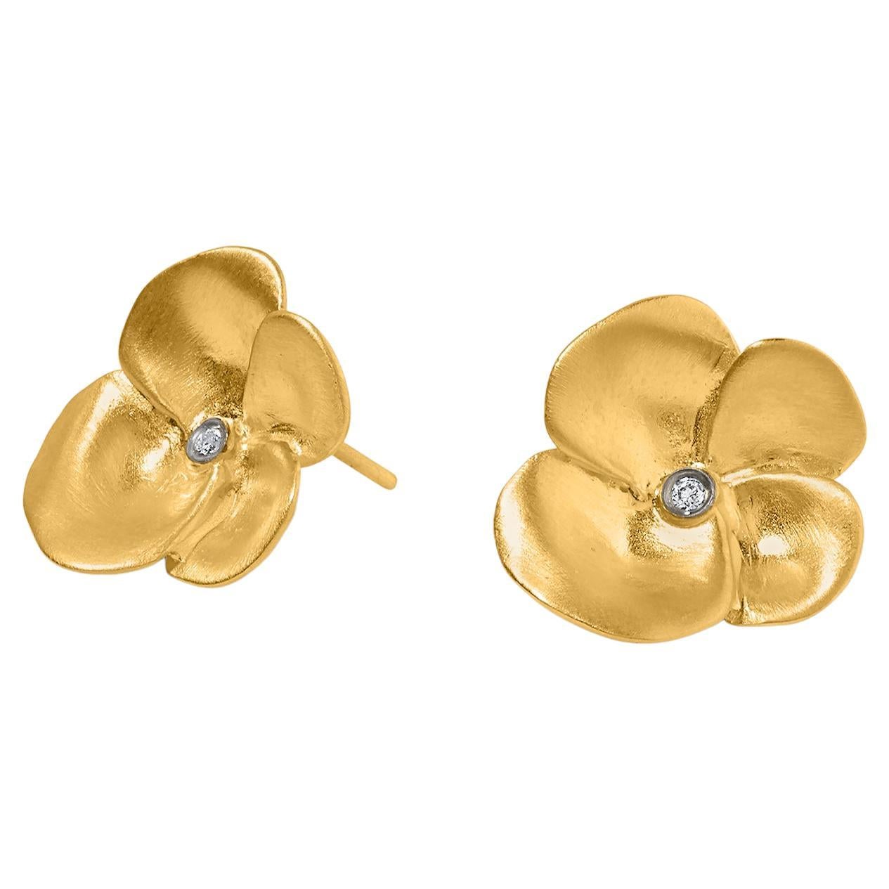 Large Classic Flower Earrings with Diamonds 24 Karat Gold and Silver by Kurtulan For Sale