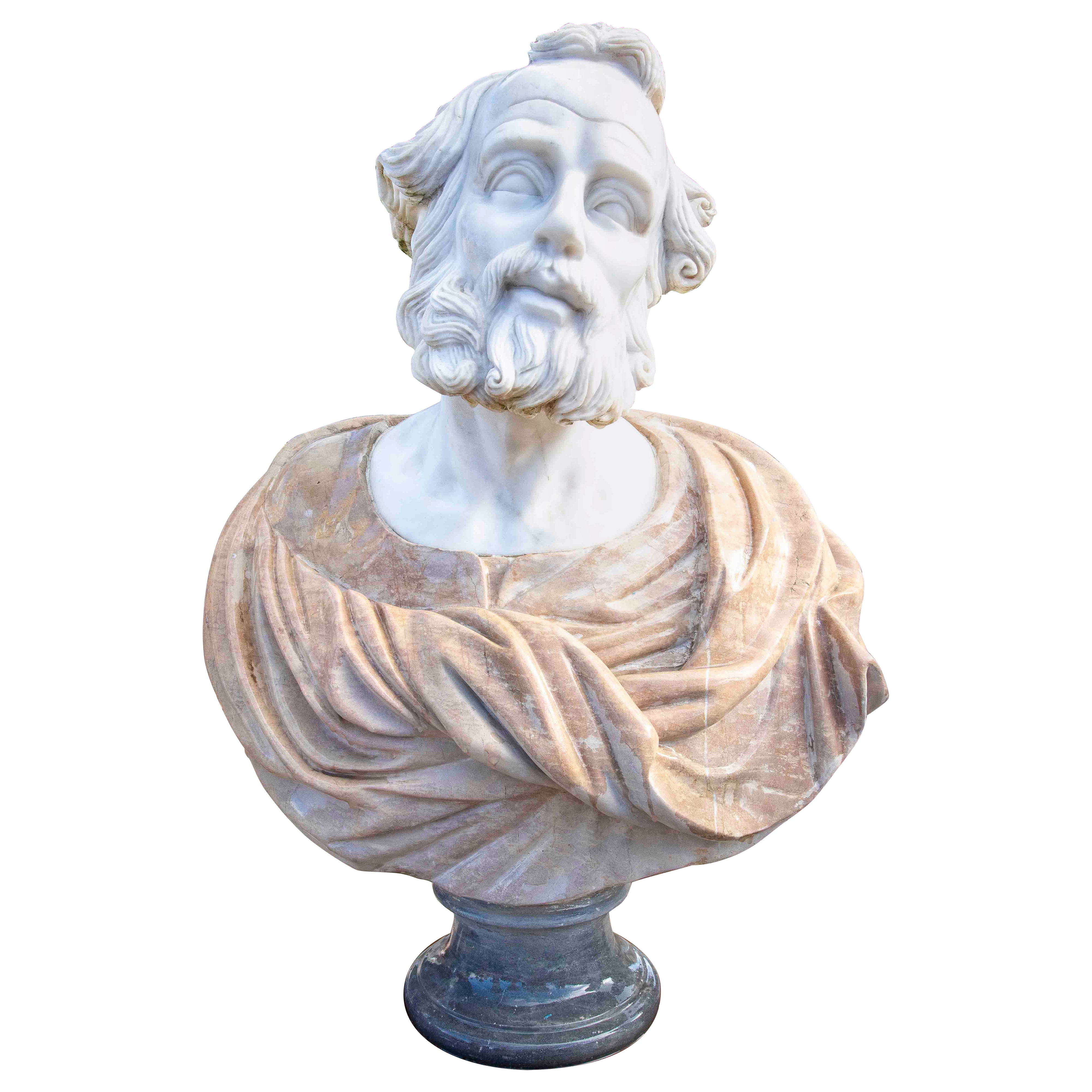 Large Classic Polychrome Marble Bust Representing Bearded Male Figure