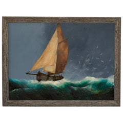 Large Classic Seascape Oil Painting, Yacht, Gulls, Marine, Art