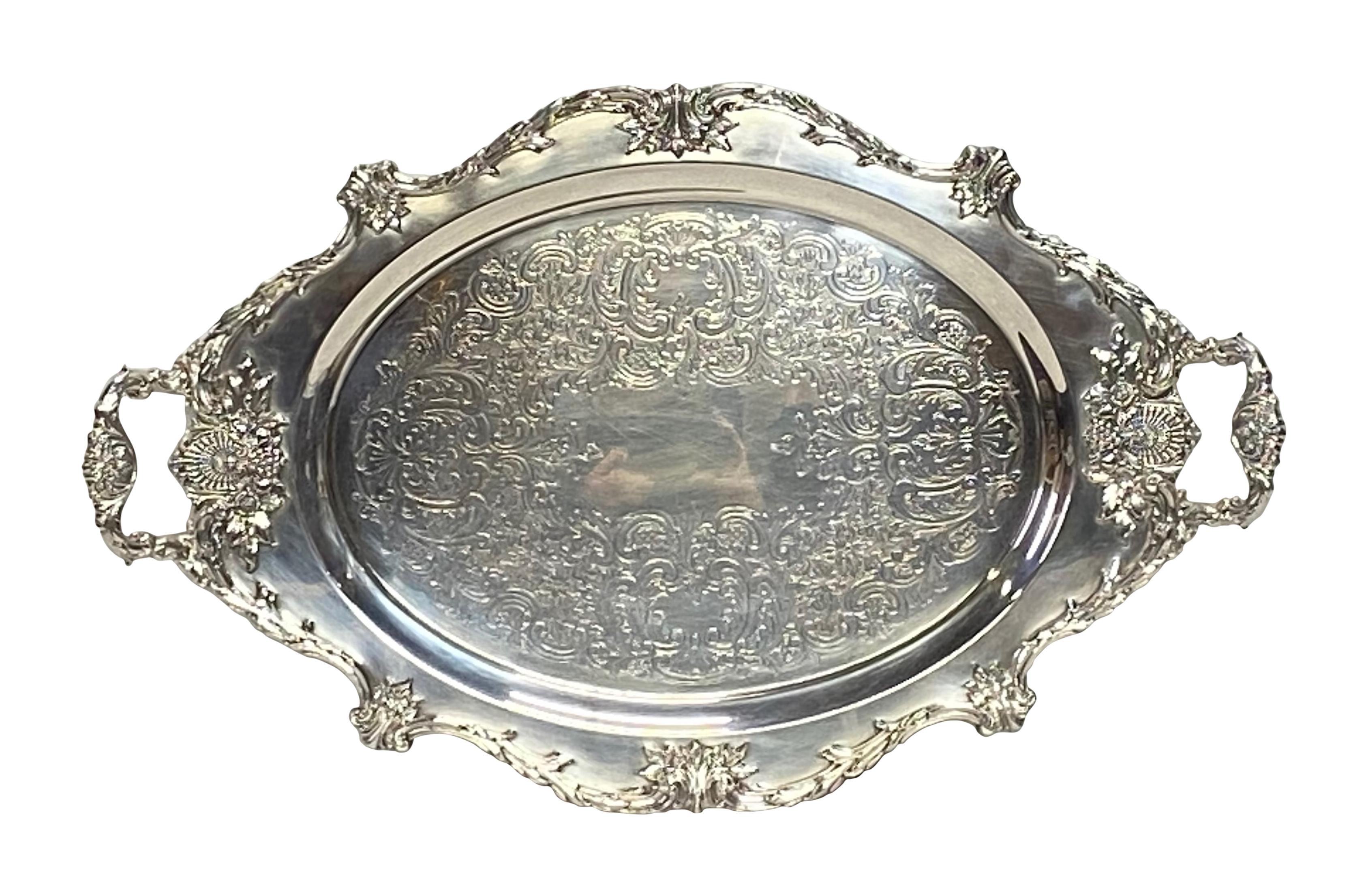 Large Classic Style Wallace Silver Plate Footed Serving Tray In Good Condition In San Francisco, CA