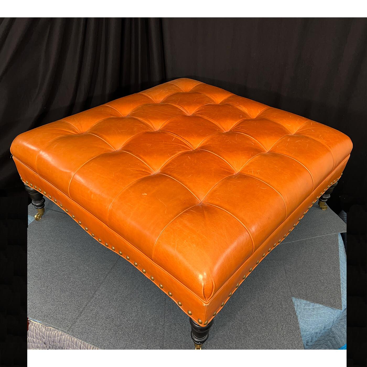 Large Classic Tufted Leather Ottoman In Fair Condition In Westwood, NJ