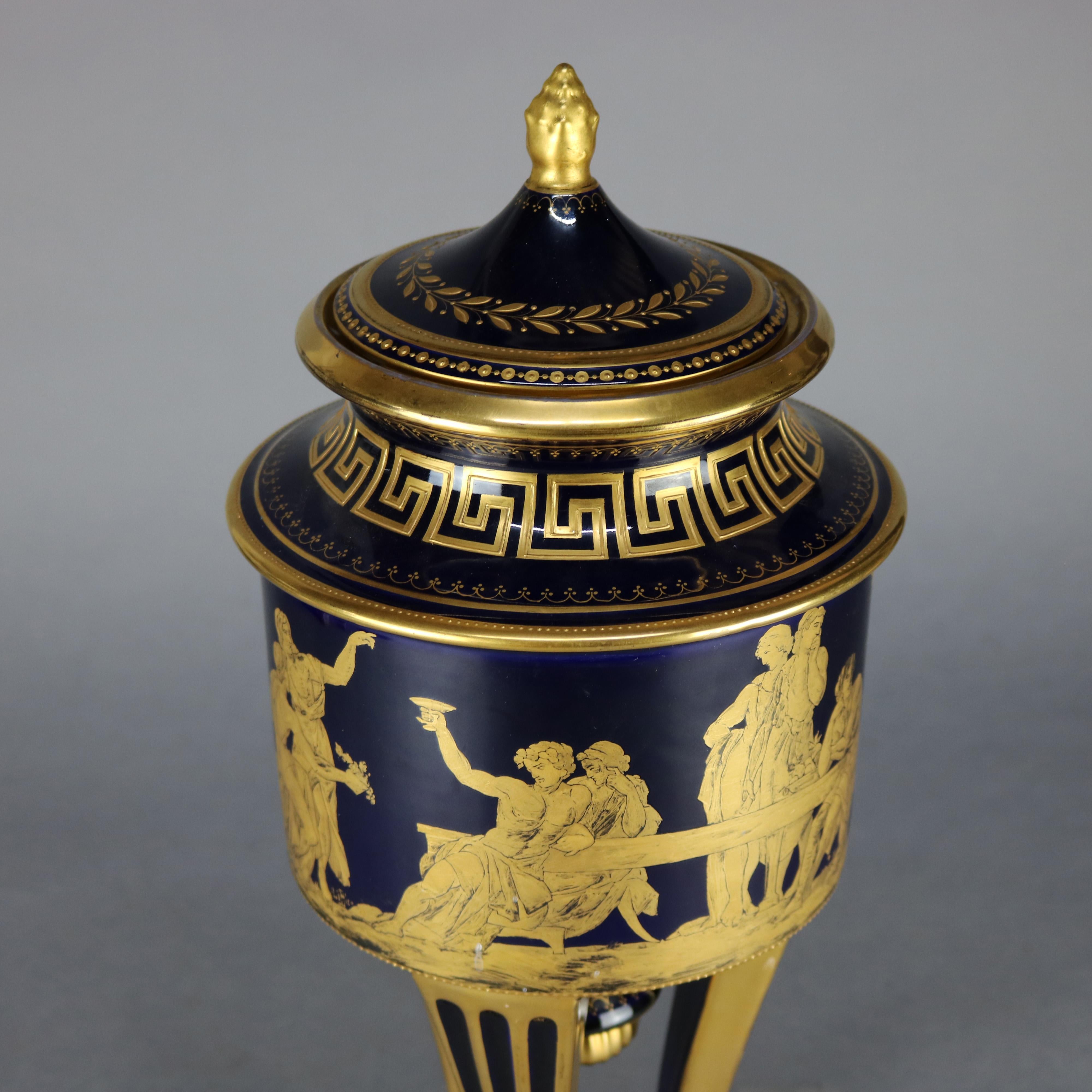 Large Classical Cobalt and Gilt Enameled Sevres School Porcelain Urn, circa 1920 In Good Condition In Big Flats, NY