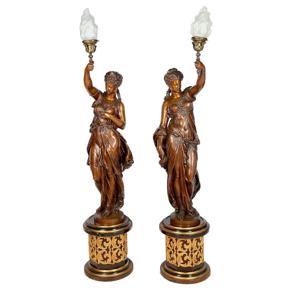 Large Classical Floor Standing Bronze Female Statues / Lamps, 19th Century For Sale