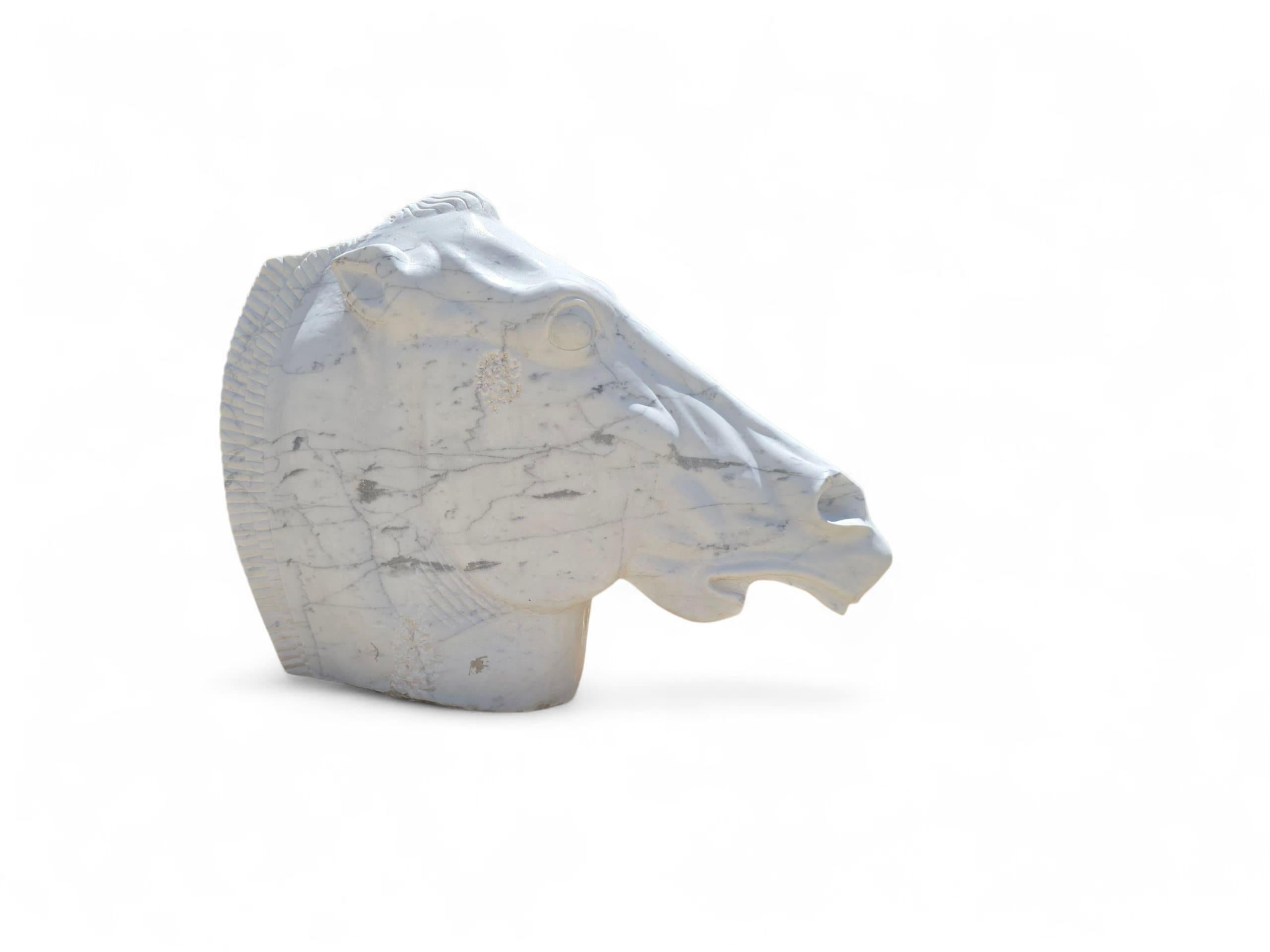 Impressionante scultura di grandi dimensioni di una testa di cavallo, scolpita in pregiato marmo bianco di Carrara nello stile della Grecia classica. Il pezzo cattura la forza e la nobiltà dell'animale con dettagli anatomici raffinati e forme