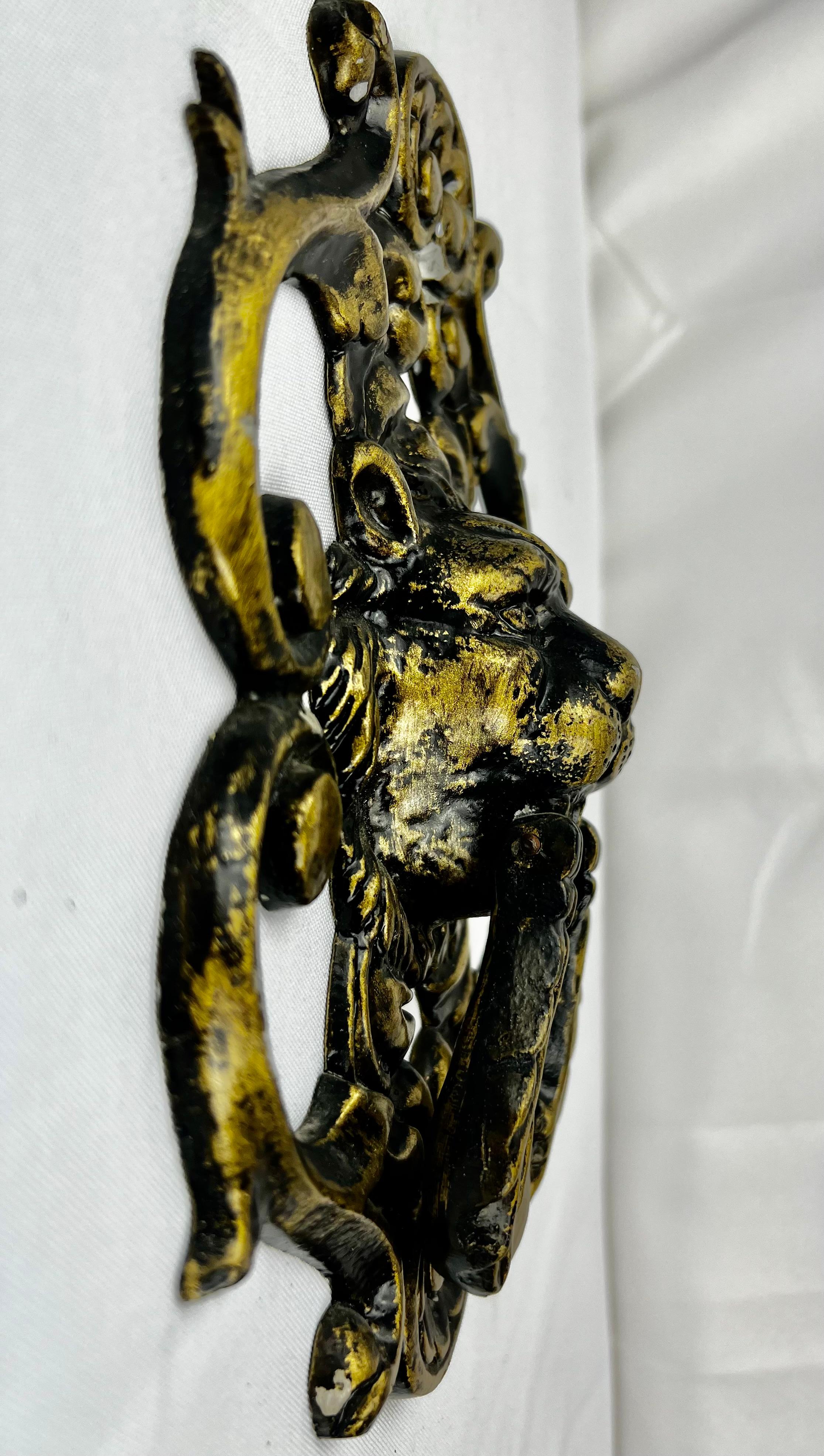 Gilt Large Classical Lion Door Knocker With Foliate Scrolls For Sale